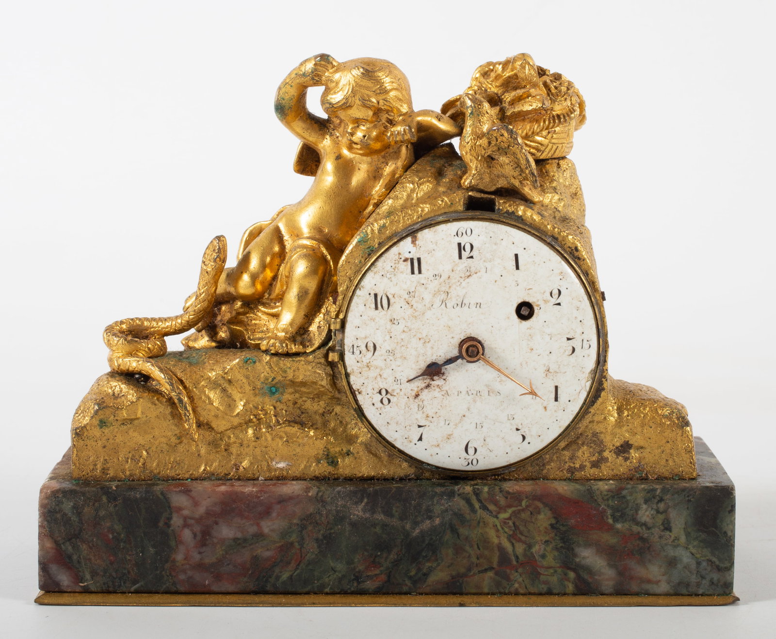 LOUIS XVI GILT BRONZE CLOCK: Miniature mantel clock; probably 18th Century; face signed "Robin", glass missing; H-4", L-5", G