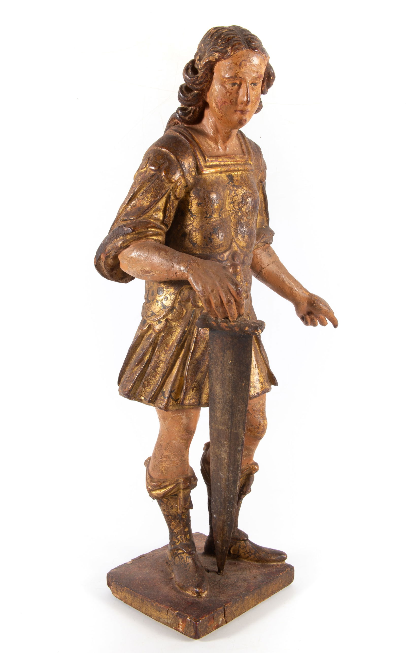 CARVED WOOD FIGURE of SAINT MICHAEL: Polychrome; 17th/18th Century; some broken pieces; flaking; H-20 1/2", G