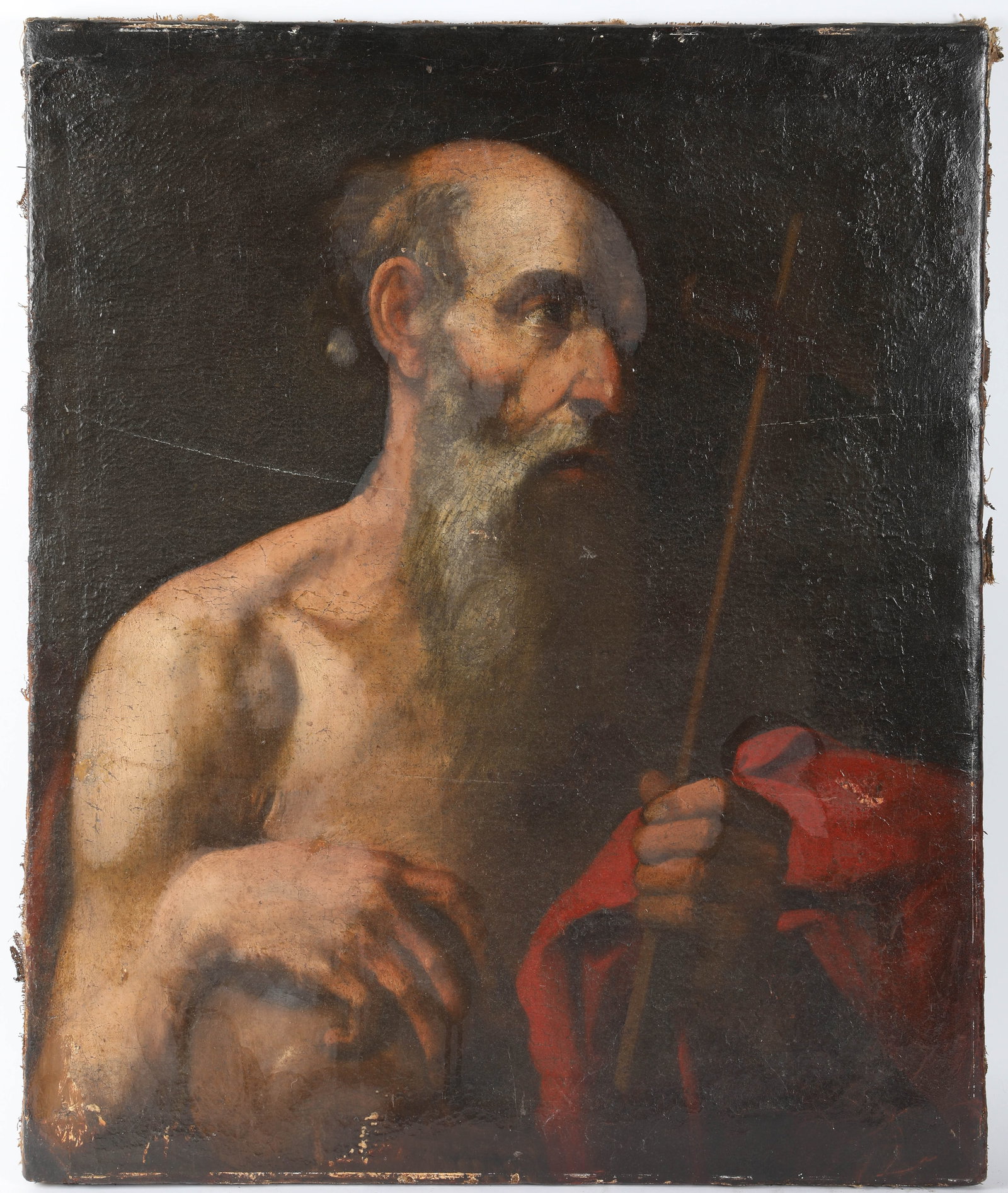 17th CENTURY PAINTING OF ST. JEROME: Italian; oil on canvas; relined; losses and retouching; unframed; 29 1/2" x 24 1/2", F-G