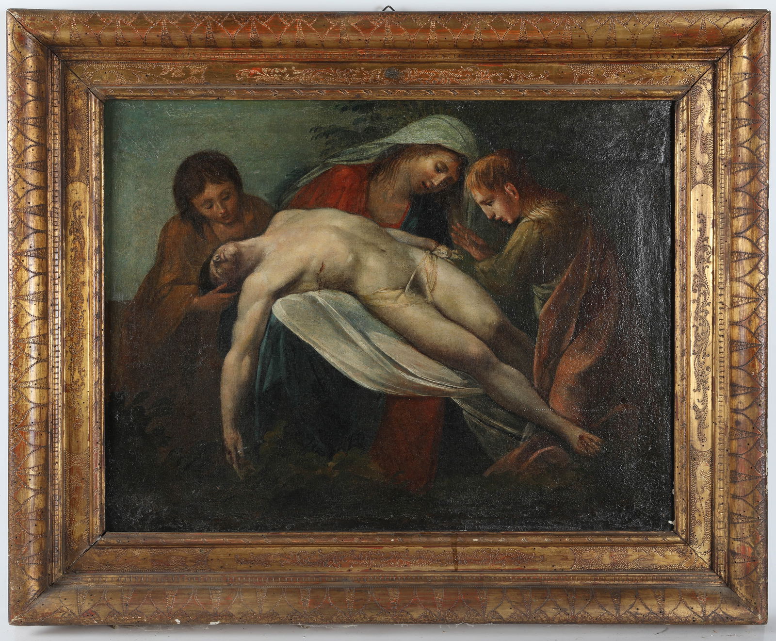 16TH / 17TH CENTURY RELIGIOUS PAINTING: Entombment of Christ, in Arts & Crafts frame; relined; sight: 19" x 24"; frame: 28" x 33", G