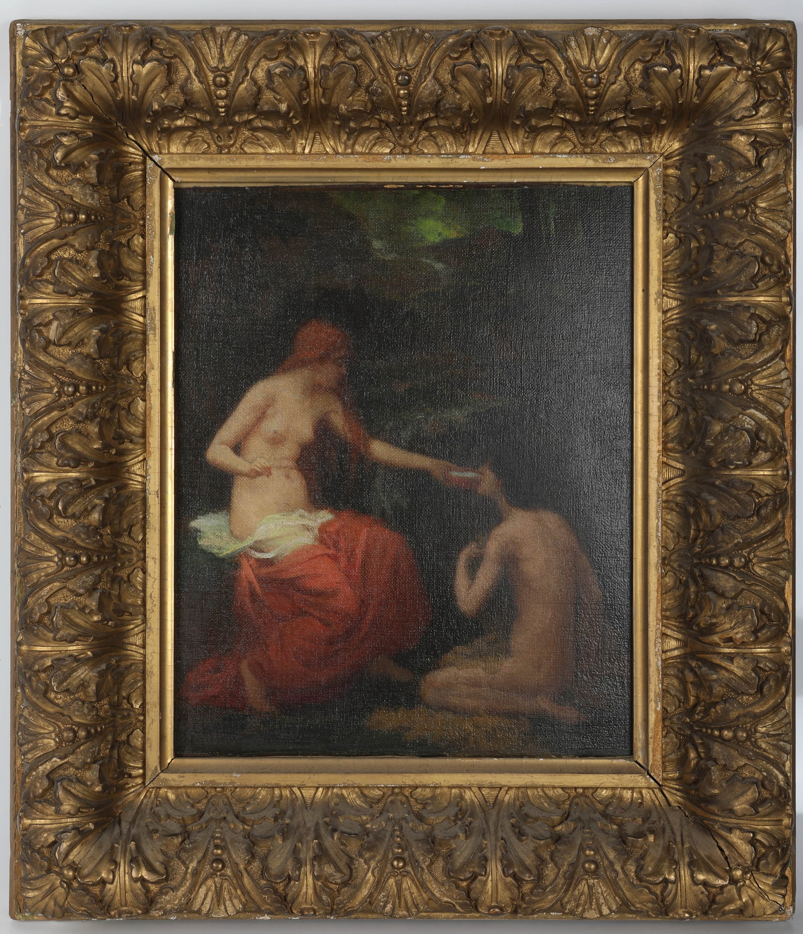 19TH CENTURY FRENCH PASTORAL PAINTING: Oil on canvas; signed lower left, J. J. H.; nude figures in landscape; sight: 14" x 11"; framed: 22" x 19", G