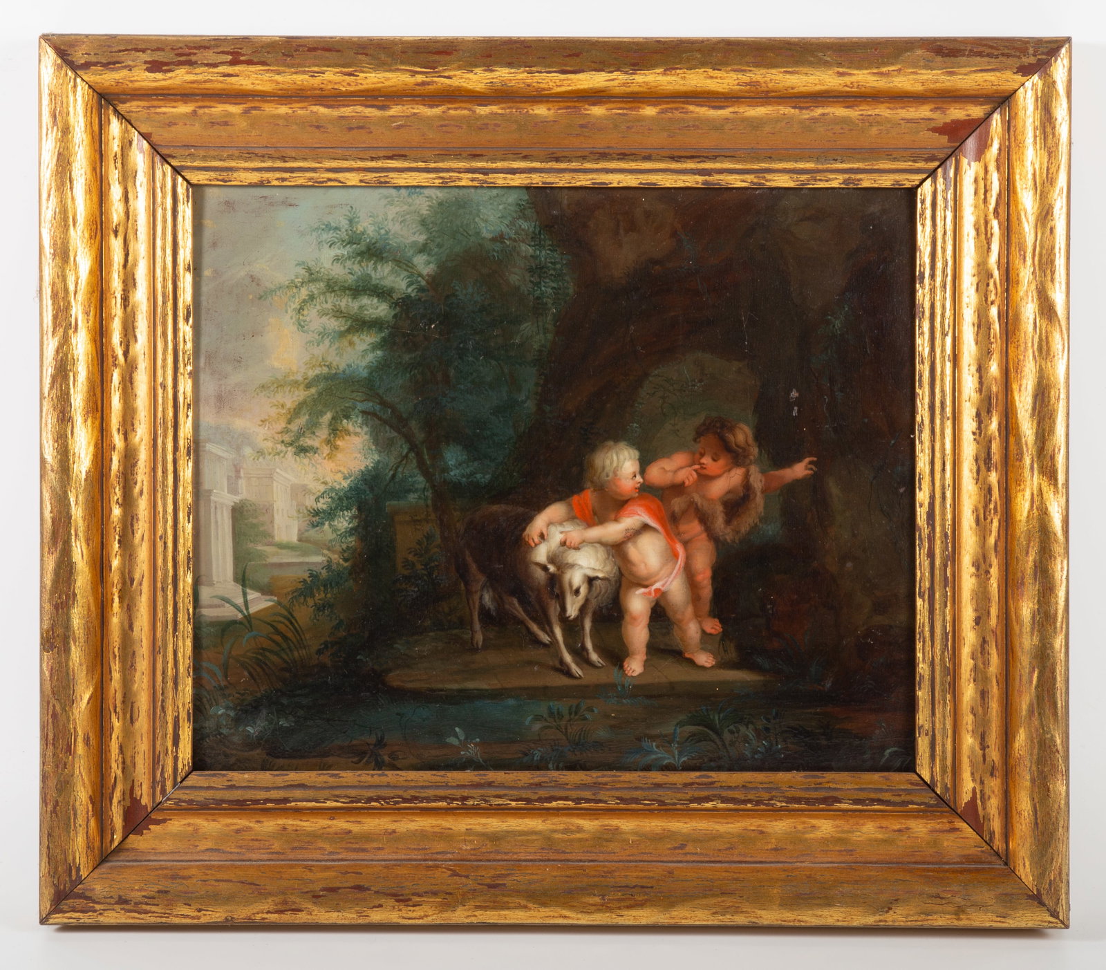 18TH CENTURY CONTINENTAL LANDSCAPE: Putti with sheep; sight: 10" x 12"; framed: 15" x 17", G-VG