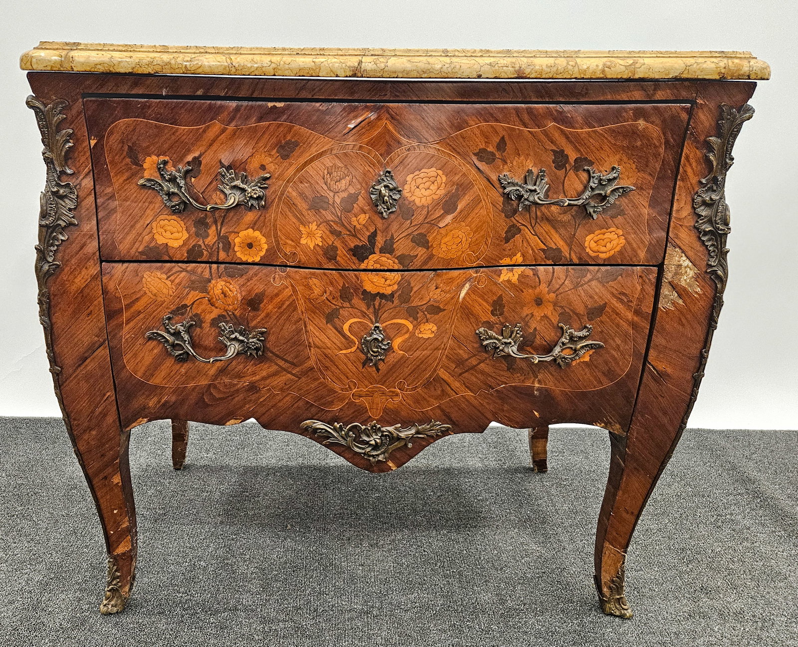 18TH CENTURY FRENCH COMMODE: Possibly re-veneered; losses to veneer; cracked marble top; H-33", L-36", 21 1/2" deep, F-G