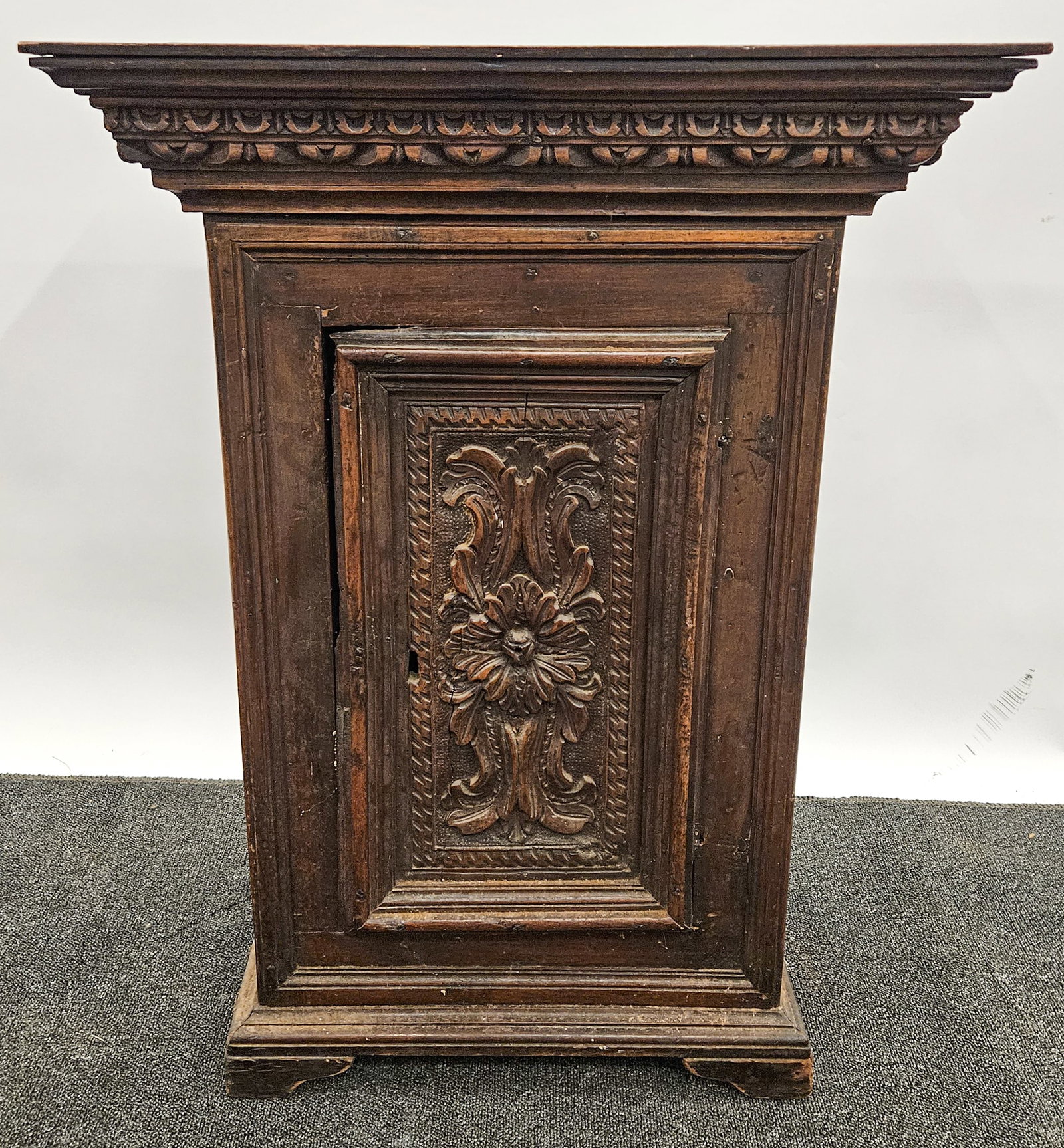 ANTIQUE OAK CABINET: Italian; Renaissance style; one door side cabinet; 19th Century or earlier; alterations; H-33 1/2", L-24", 14" deep
