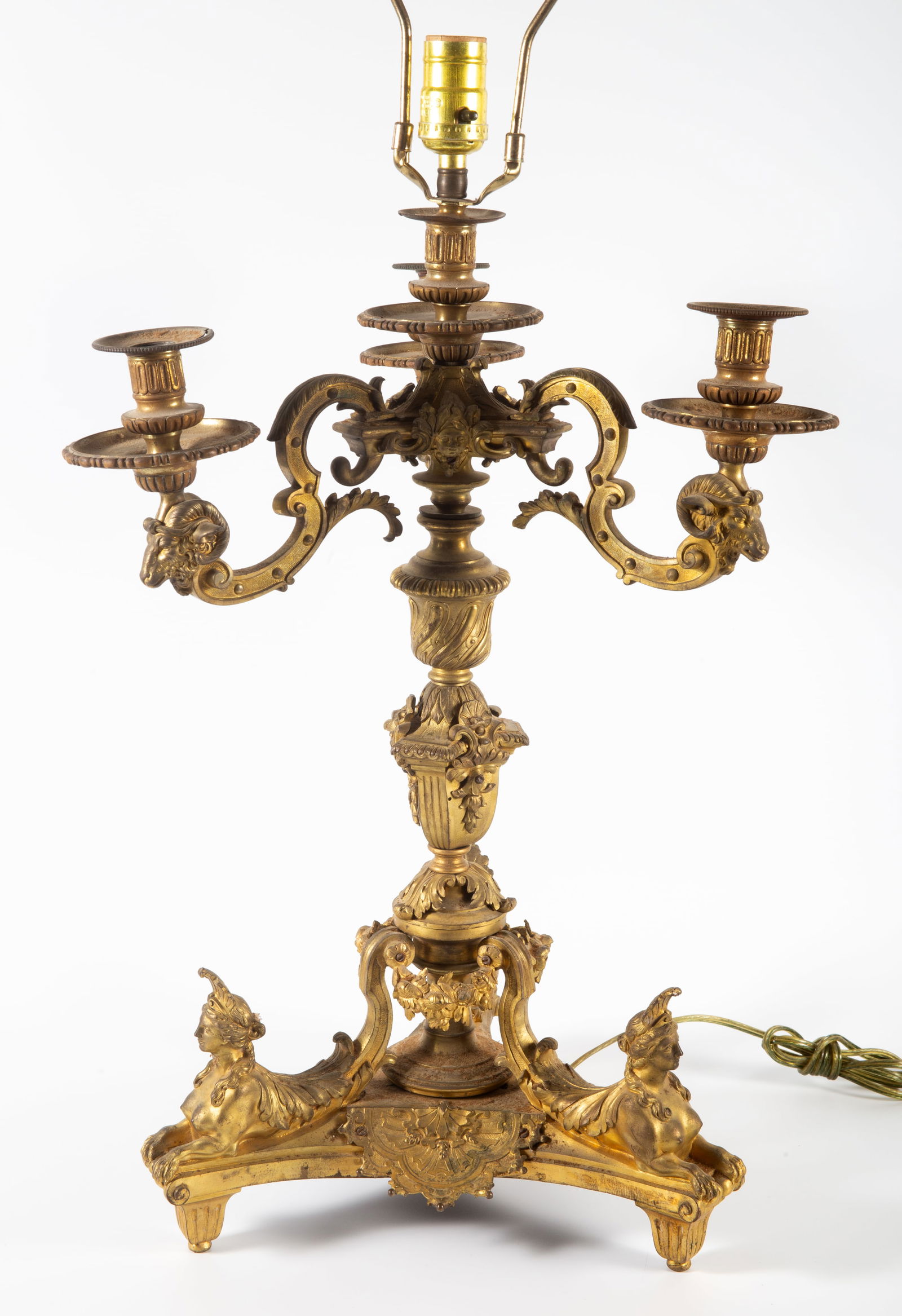 LOUIS XIV ORMOLU CANDELABRUM: Three light, electrified; some wear; H-33", F-G