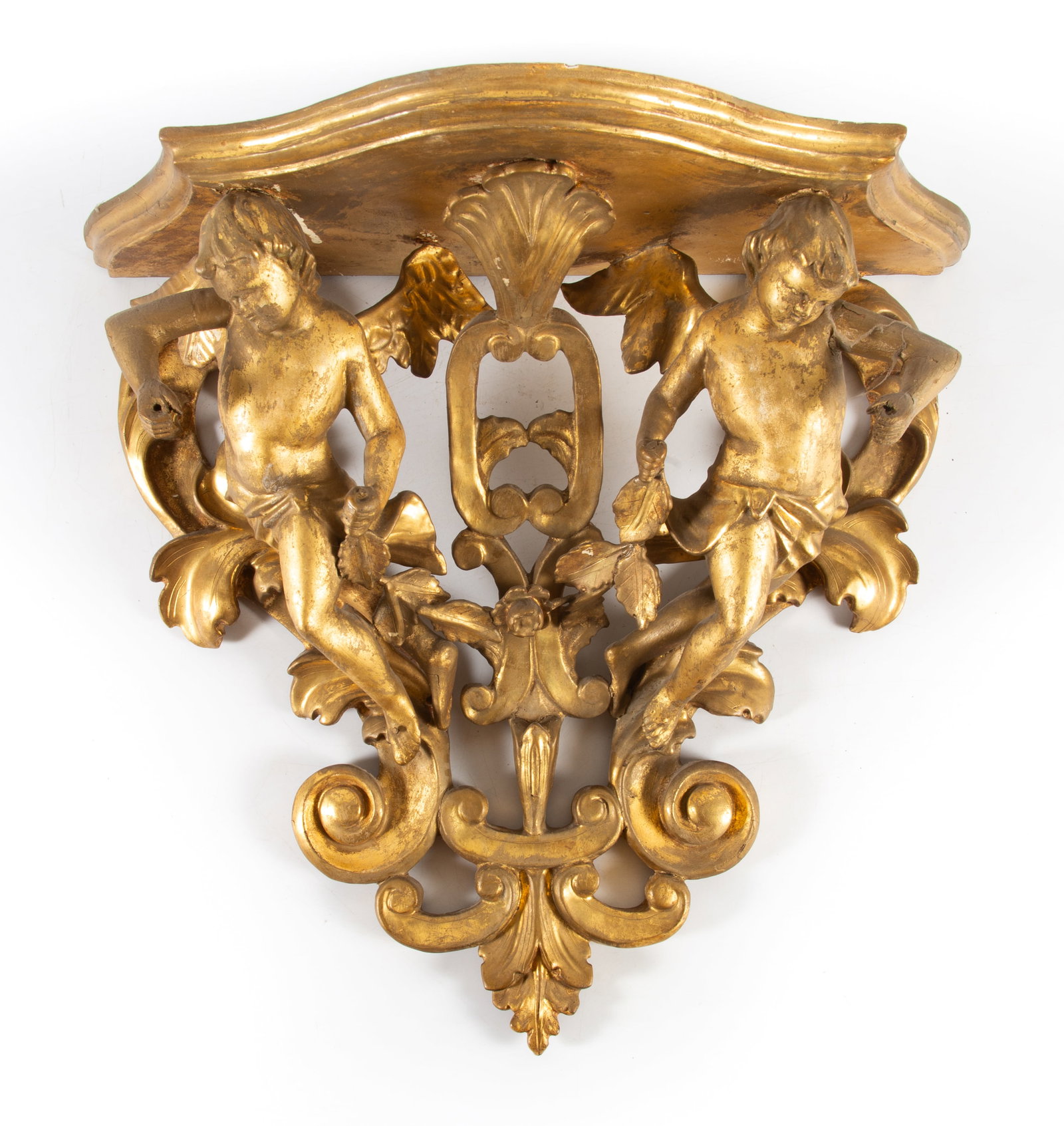 ANTIQUE GILT WOOD SCONCE: Carved putti figures; some losses; wing missing; H-17", L-18", G
