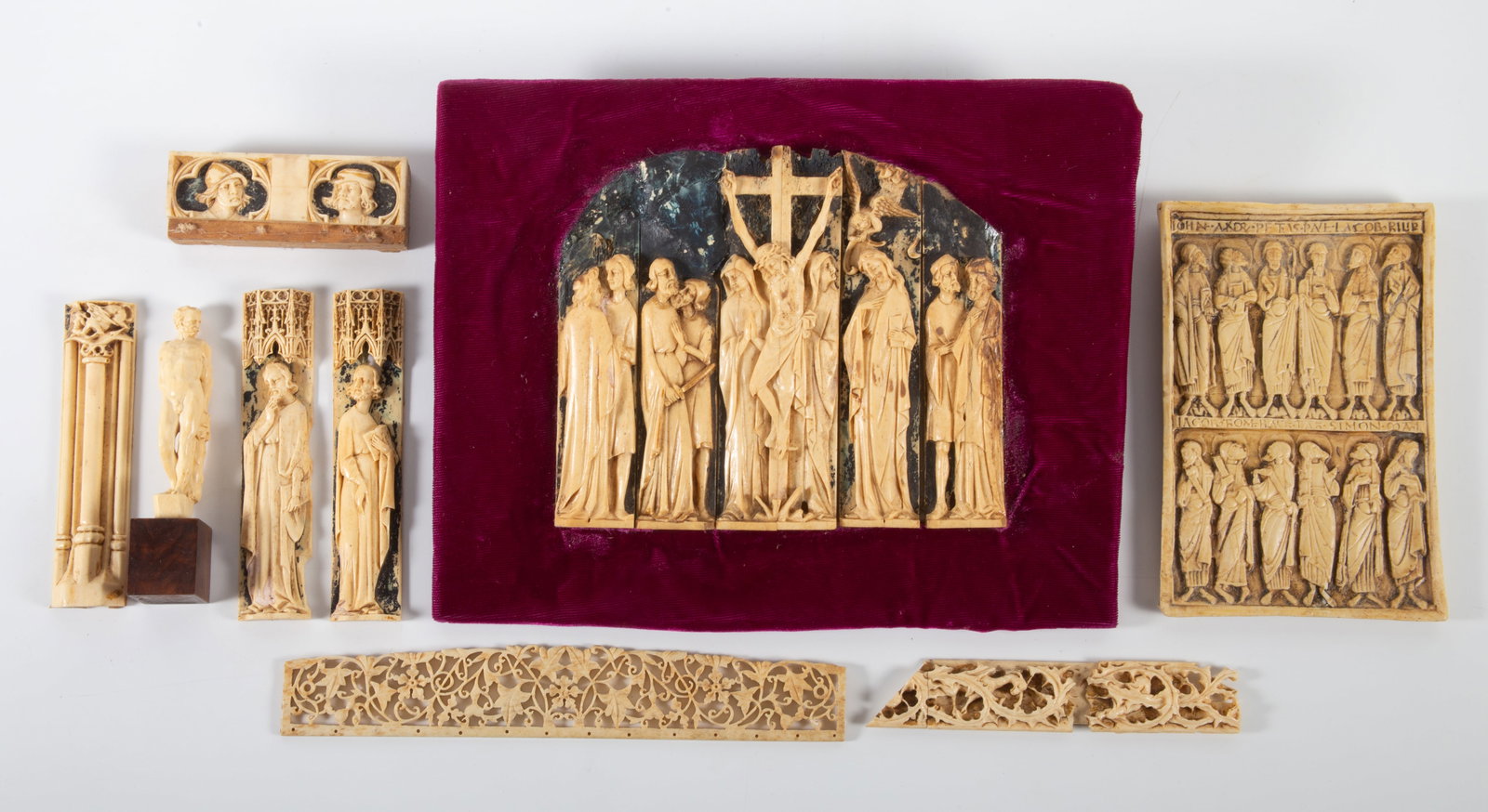 (7) PIECES ANTIQUE BONE CARVINGS: Carvings of religious images; largest H-7", F-G