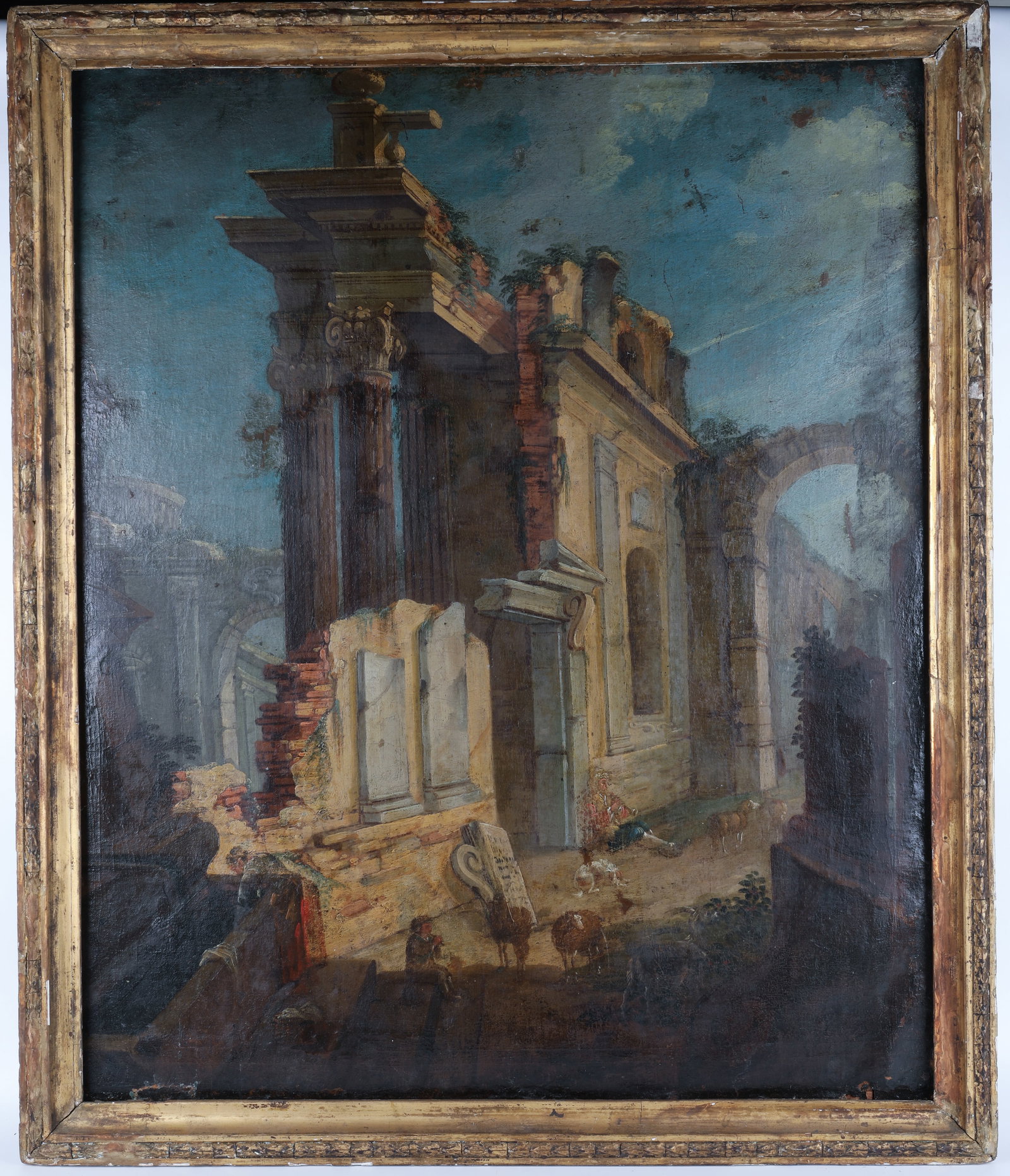 18th CENTURY ITALIAN LANDSCAPE: Roman ruins; relined; sight: 34 1/2" x 28 1/2"; framed: 37 1/2" x 32", F-G