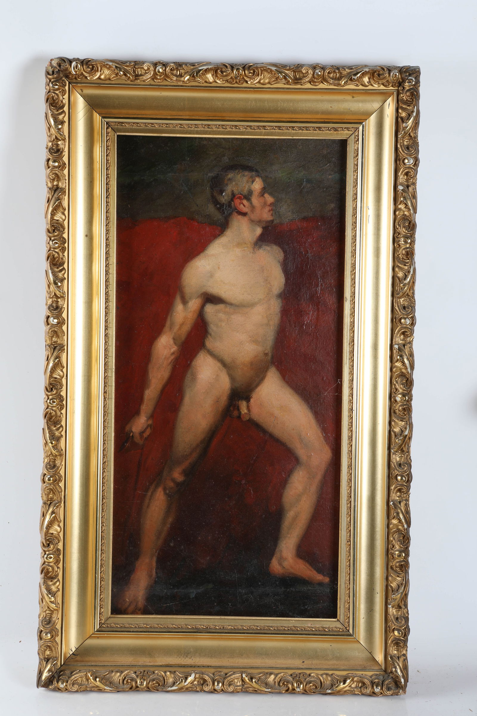 19TH CENTURY MALE NUDE STUDY: Oil on panel; remounted; sight: 24" x 11"; framed: 30" x 18", G