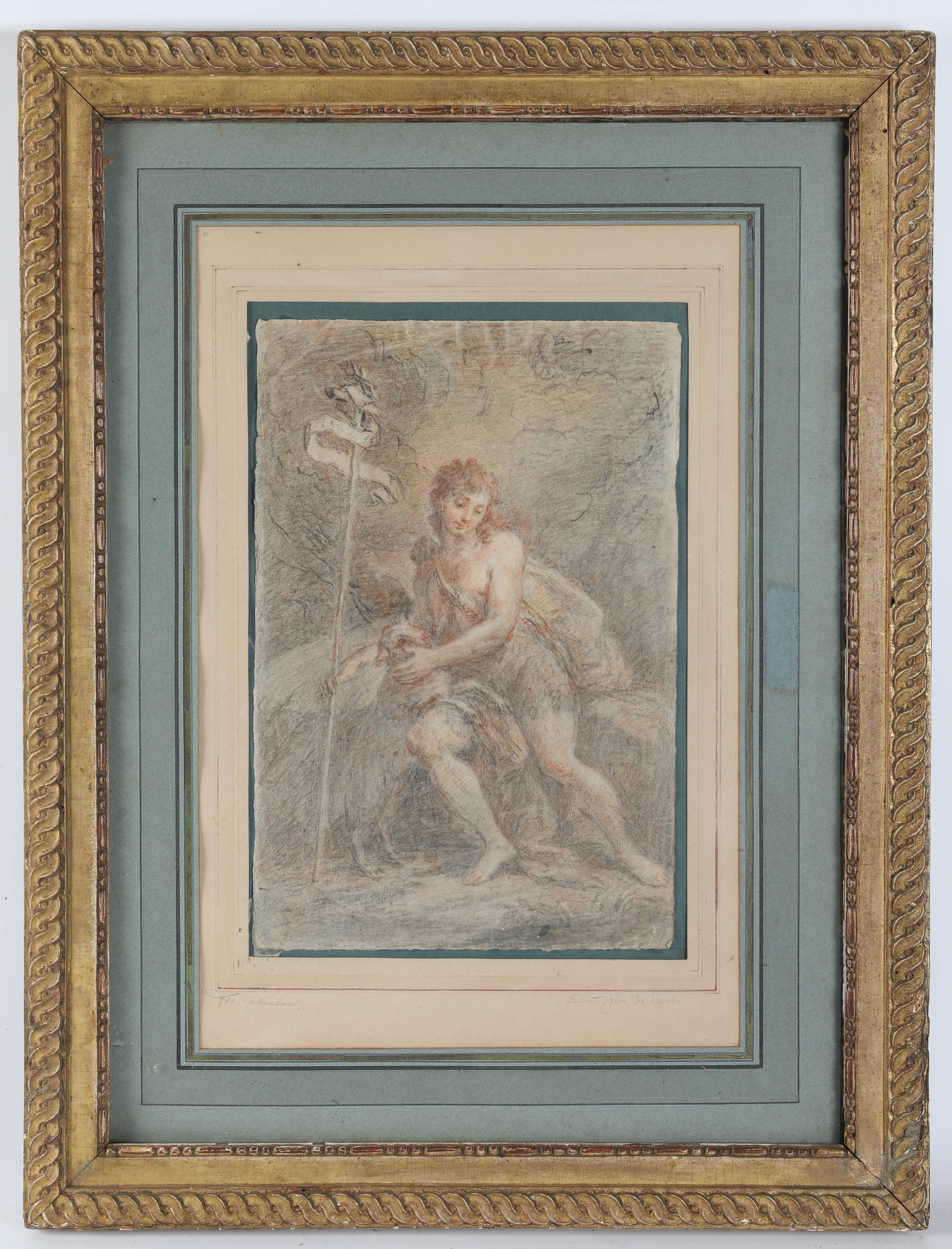 18TH CENTURY FRENCH DRAWING: St. John with lamb; mat inscribed "Boucher", sight: 14" x 10"; framed: 27" x 20", G- VG