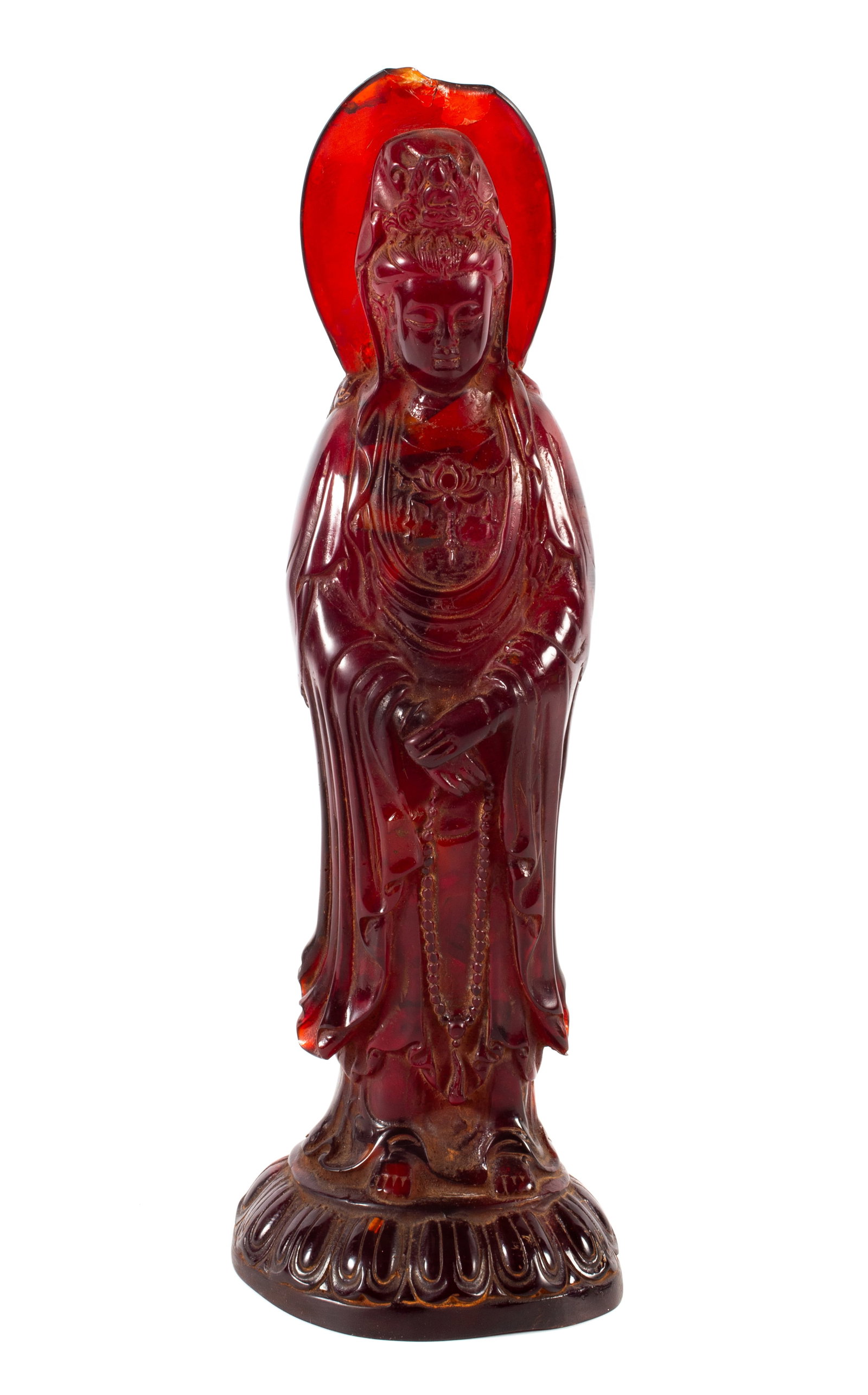 CHINESE CARVED GUANYIN: Cherry amber or resin; chip in halo; H-13", F-G