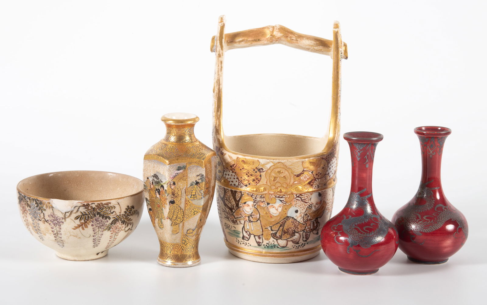 GROUP of JAPANESE PORCELAIN: Satsuma and pair ruby glazed vases; some staining and wear to gold; largest H-6", F-G