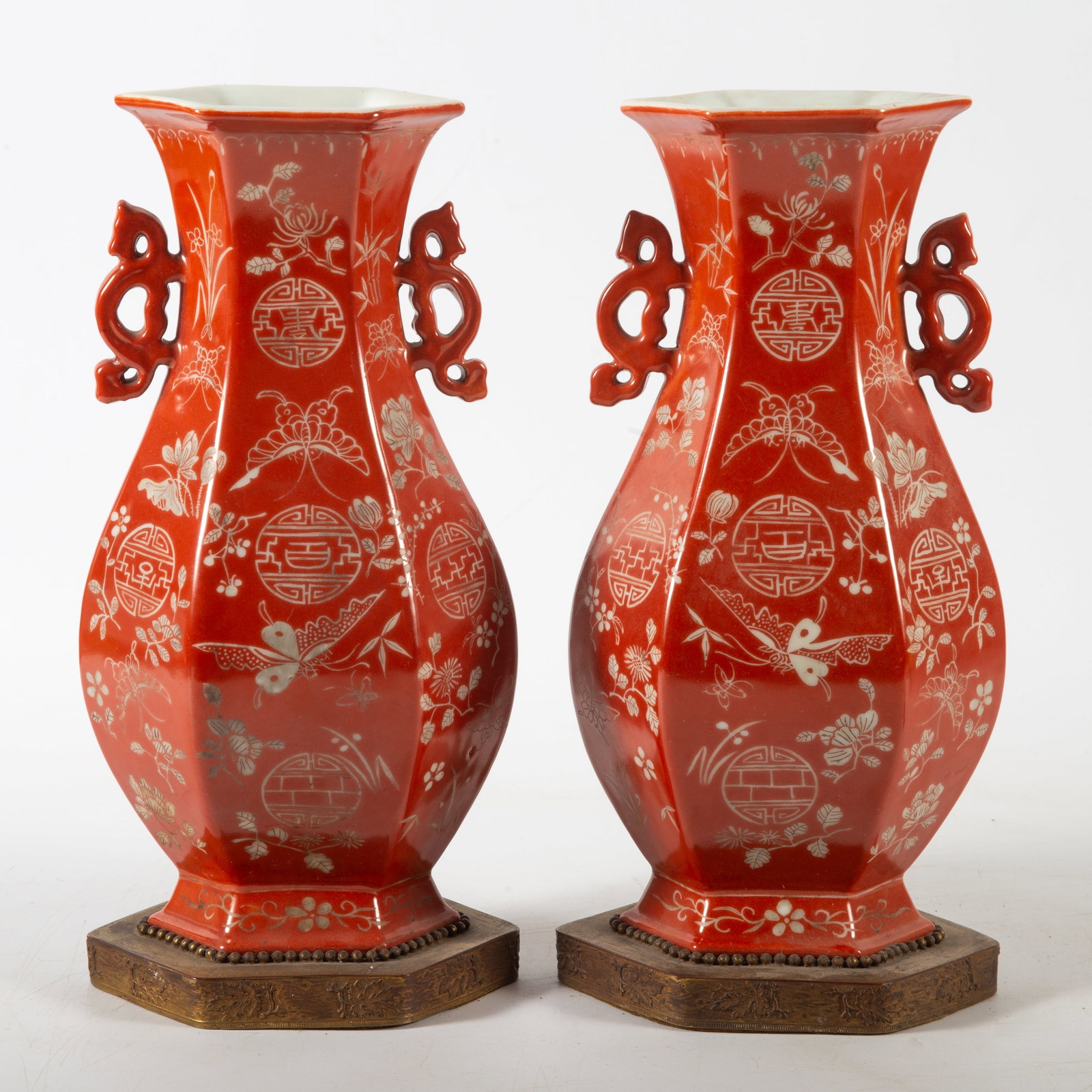 ANTIQUE CHINESE PORCELAIN VASE (2): Orange ground with white decoration; hexagonal shape; drilled for lamps; H-10 1/2", G