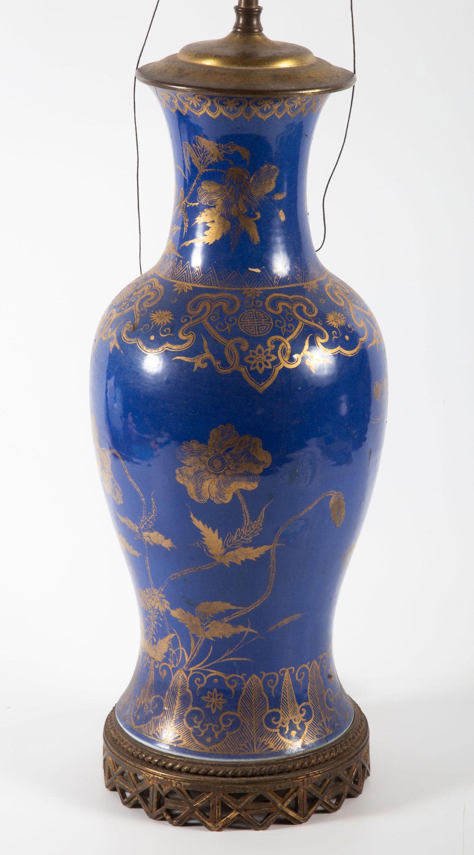 CHINESE PORCELAIN VASE: Mounted as a lamp; blue glaze; gilt floral decoration; H-33", G