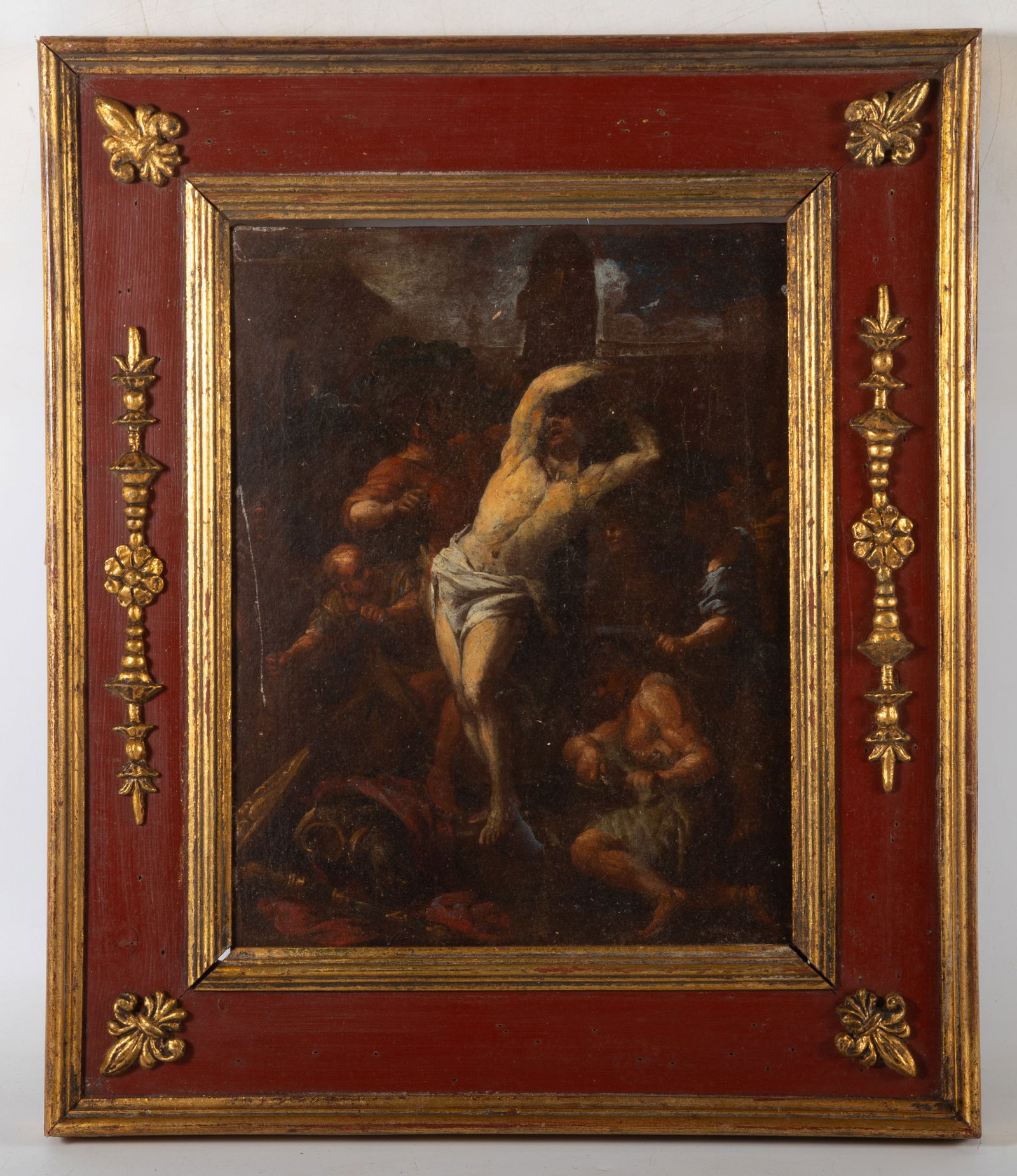 17TH CENTURY ITALIAN PAINTING: Oil on canvas; "Martyrdom", relined; sight: 13 1/2" x 10 1/2"; framed: 20 1/2" x 17 1/2", G