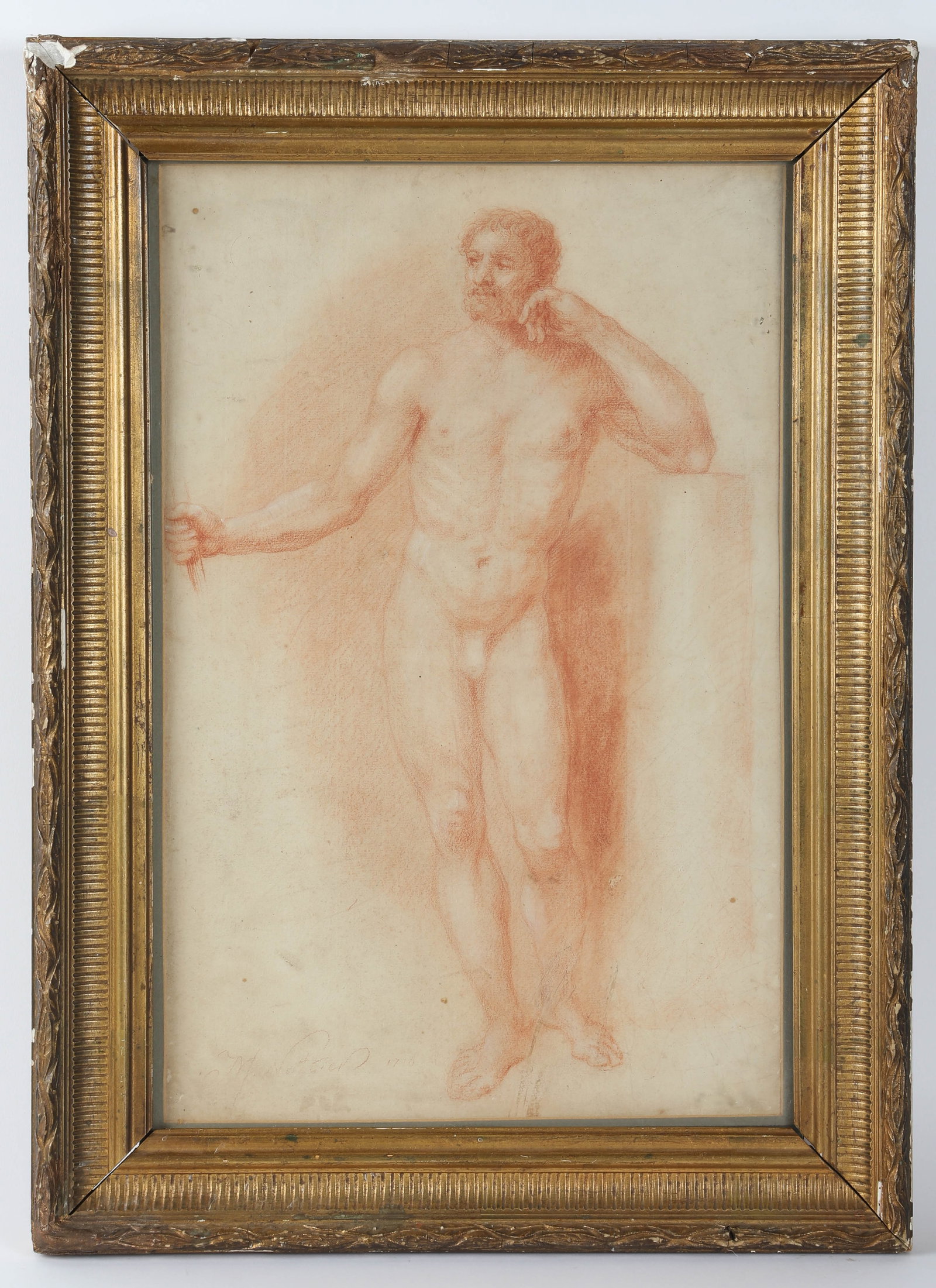 ANTIQUE SEPIA DRAWING OF MALE NUDE: Signed and dated 1776; sight: 17 1/2" x 11 1/2"; framed: 21 1/2" x 16", G
