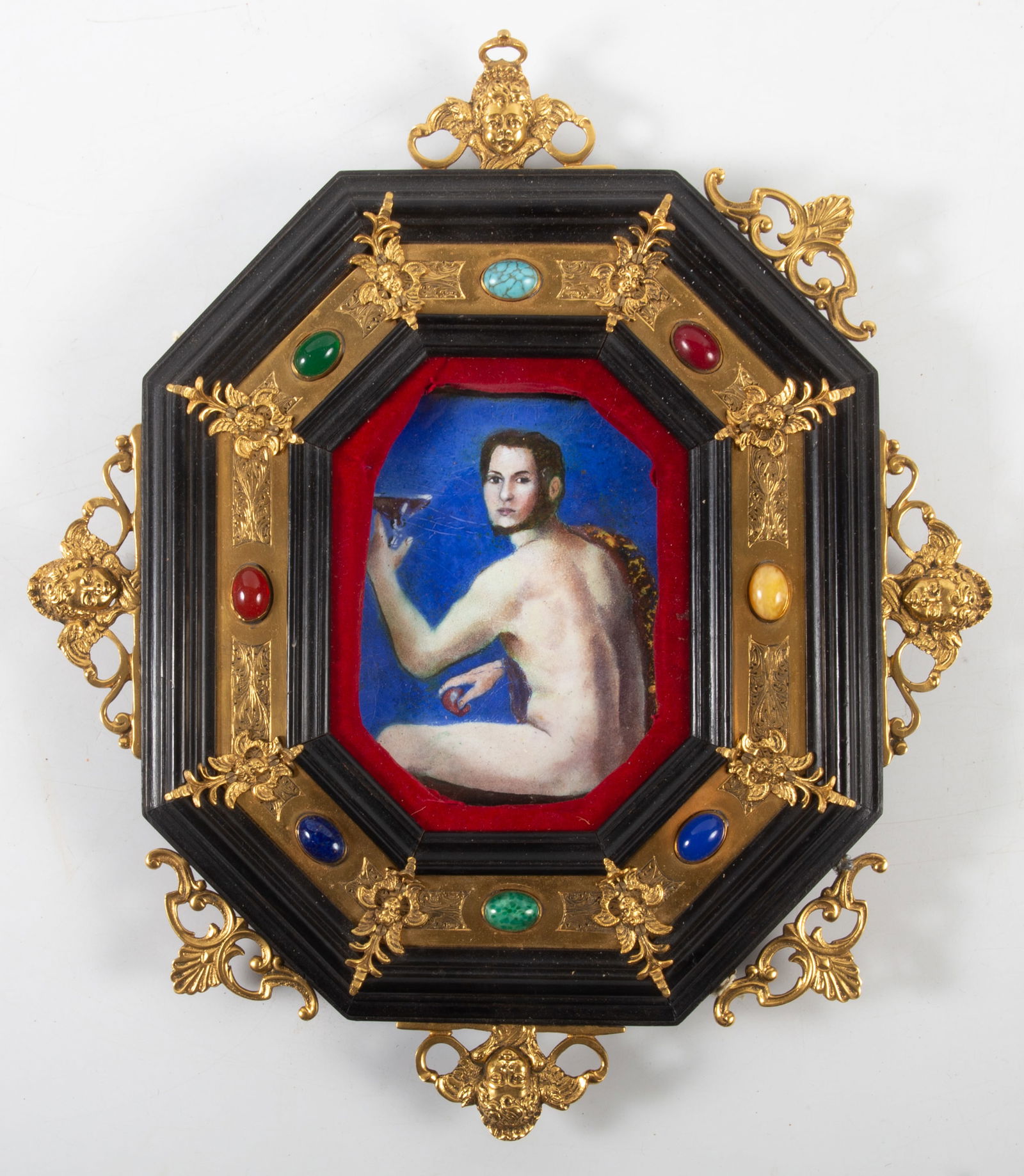 ENAMEL FIGURAL PORTRAIT: Renaissance style frame; gilt metal with jewels; framed: 12" x 11", G
