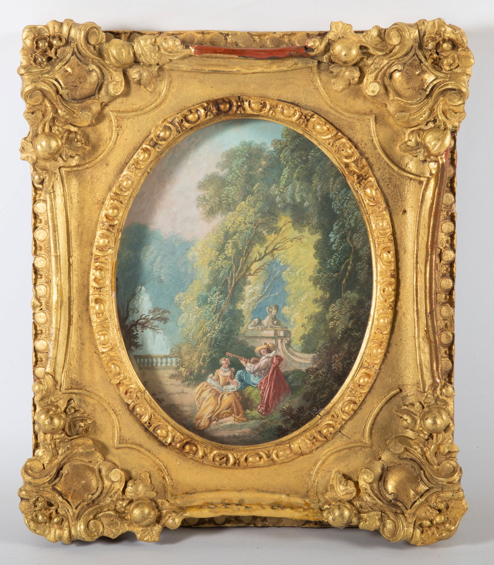 ANTIQUE FRENCH GOUACHE PAINTING: 18th Century; figures in landscape; sight: 9" x 7 1/4", framed: 15" x 13", G