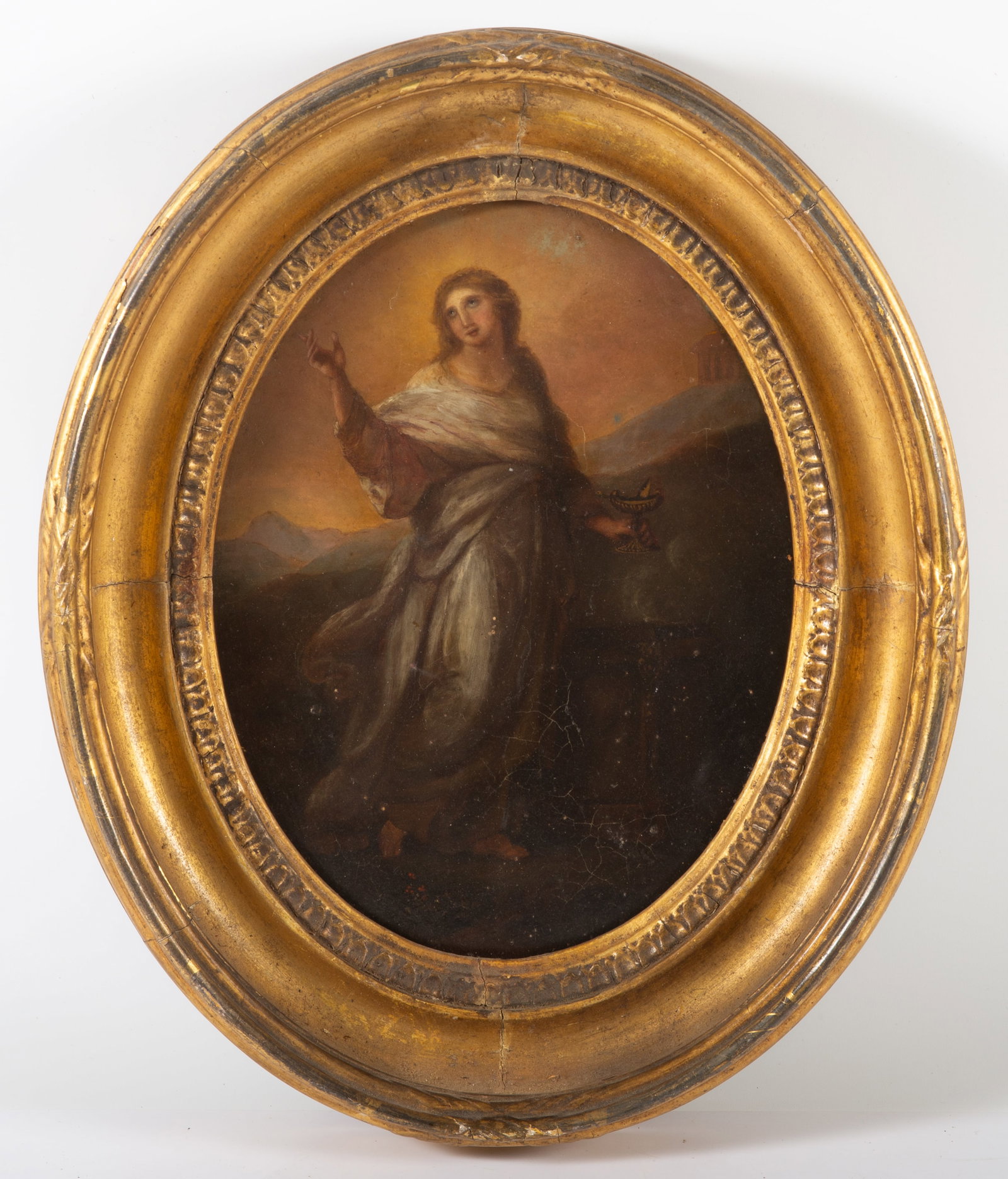 18TH CENTURY MYTHOLOGICAL PAINTING: Vestal Virgin; oil on tin; oval format; some cracks; sight: 10 1/2" x 8"; framed: 15" x 12", G