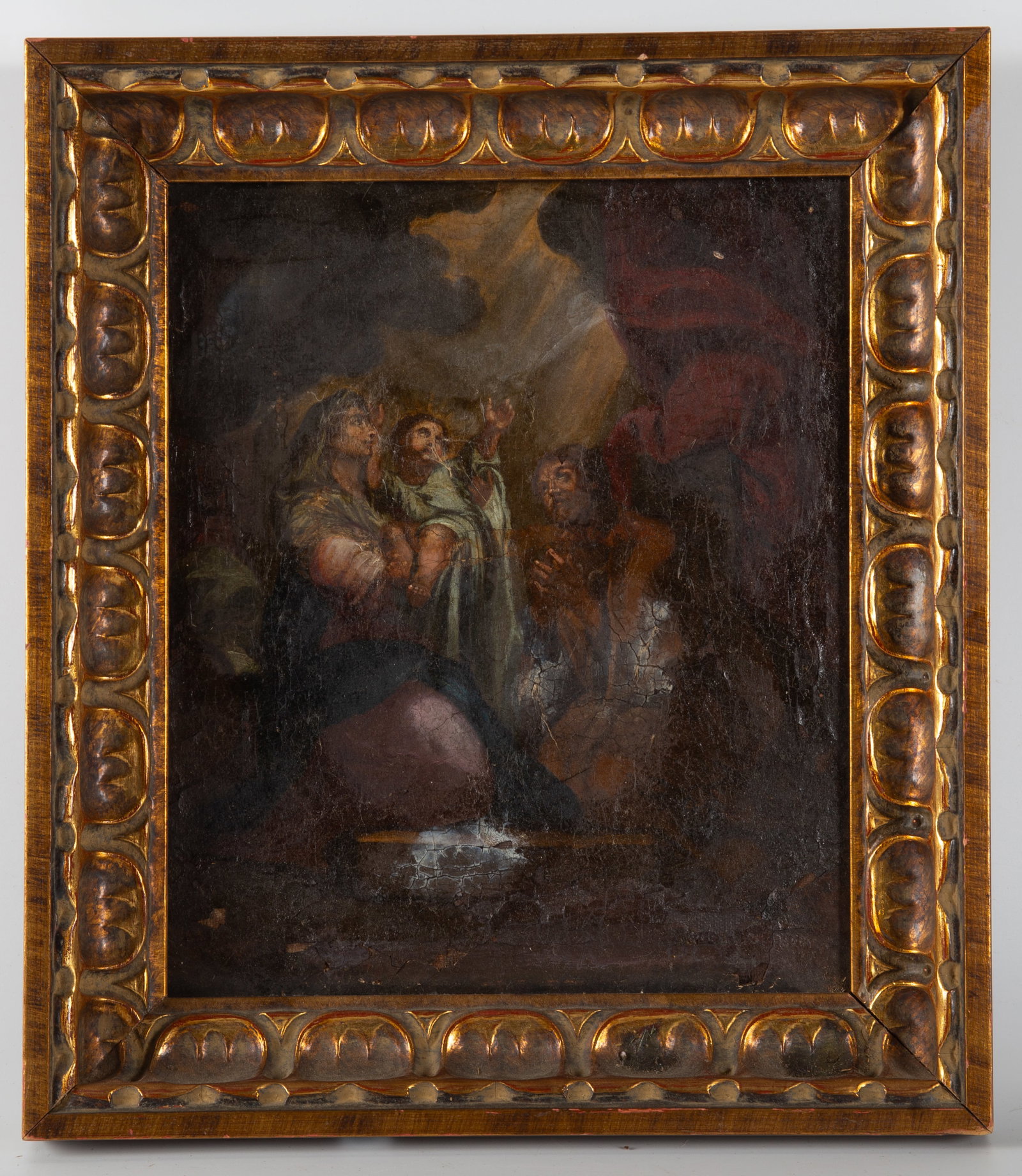 17TH / 18TH CENTURY CONTINENTAL PAINTING: The Holy Family; cracks in paint; relined; sight: 10" x 9", framed: 14" x 12", F-G