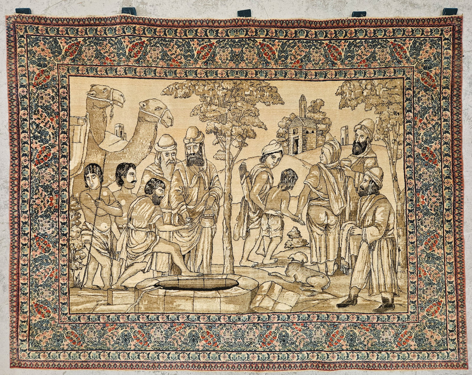 ANTIQUE PICTORIAL CARPET - BIBLICAL SCENE: The sons of Joseph selling brother; Persian carpet; normal signs of aging; 39" x 51", EX