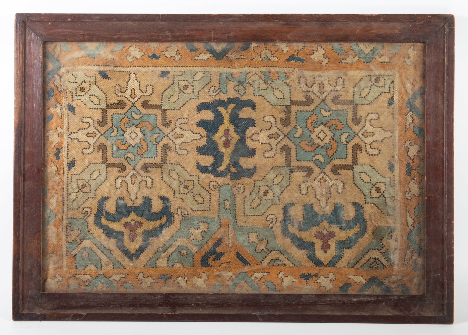 EARLY GEOMETRIC TEXTILE: Framed textile; possibly Northern Persian; condition is good, consistent with age; 18" x 25", G-VG