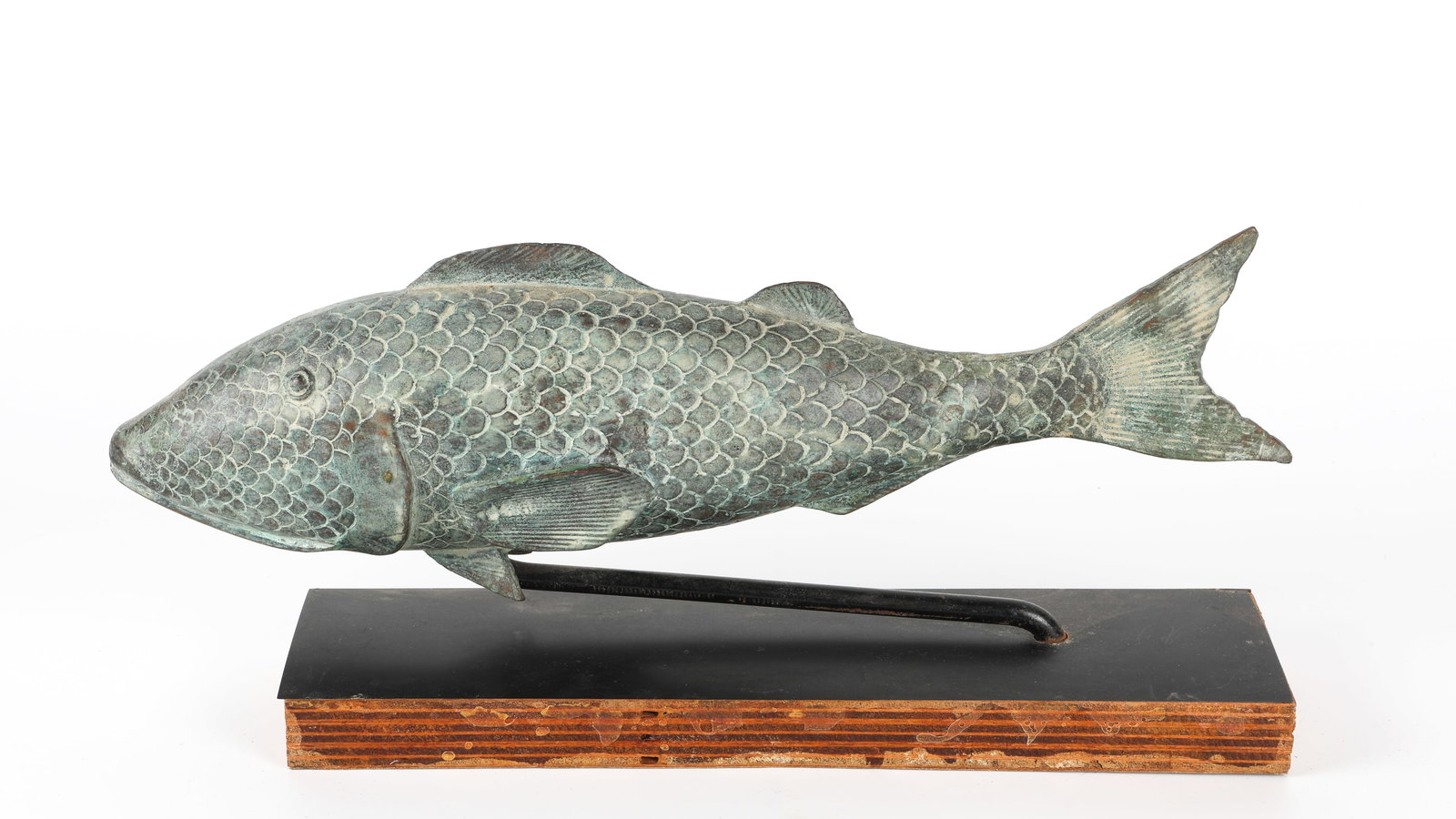 BRONZE JUDAIC CARP FIGURE on BASE: Bronze on base; loose on base; 6" x 15 1/2", EX
