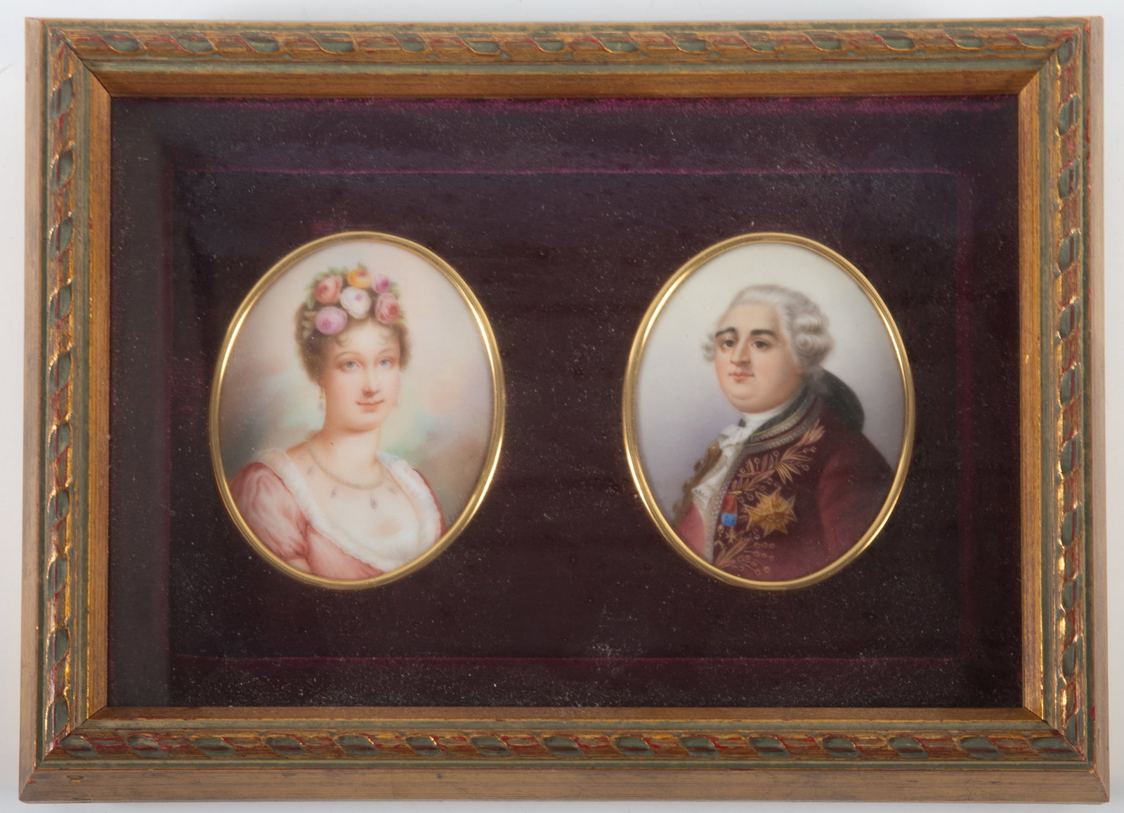 MARIE ANTOINETTE & KING LOUIS XVI PORTRAIT MINIATURES: Framed; miniature paintings on porcelain; no condition issues; 7" x 9 3/4', EX