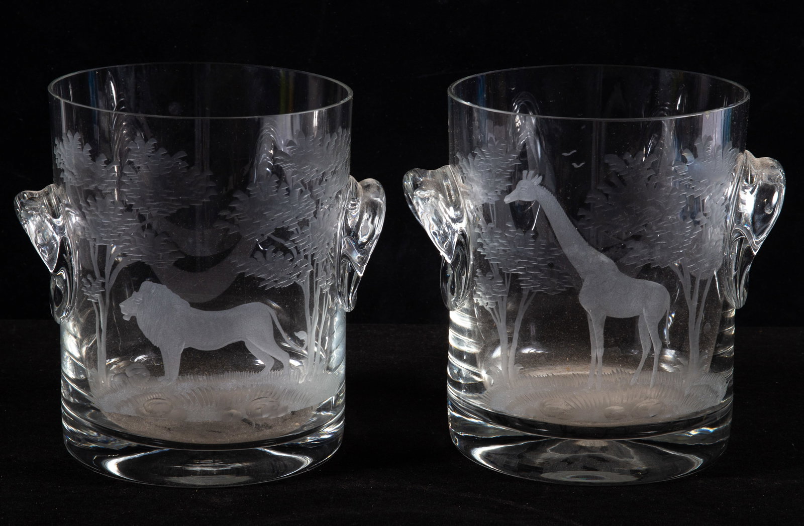 PAIR ETCHED GLASS LION & GIRAFFE WINE RINSERS (1 of 4)