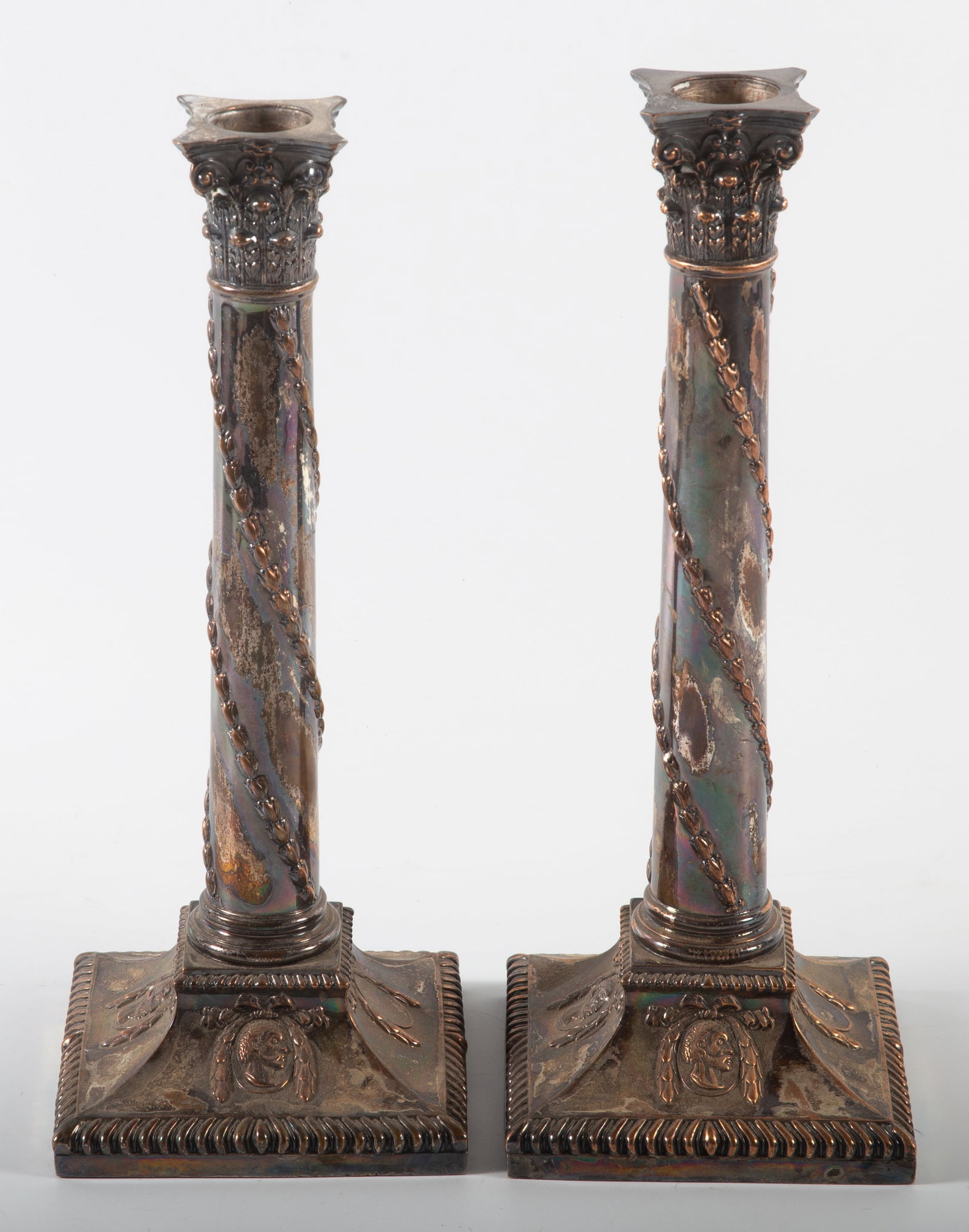 EARLY PAIR MEDALLION COLUMNAR SILVERPLATE CANDLESTICKS (1 of 4)