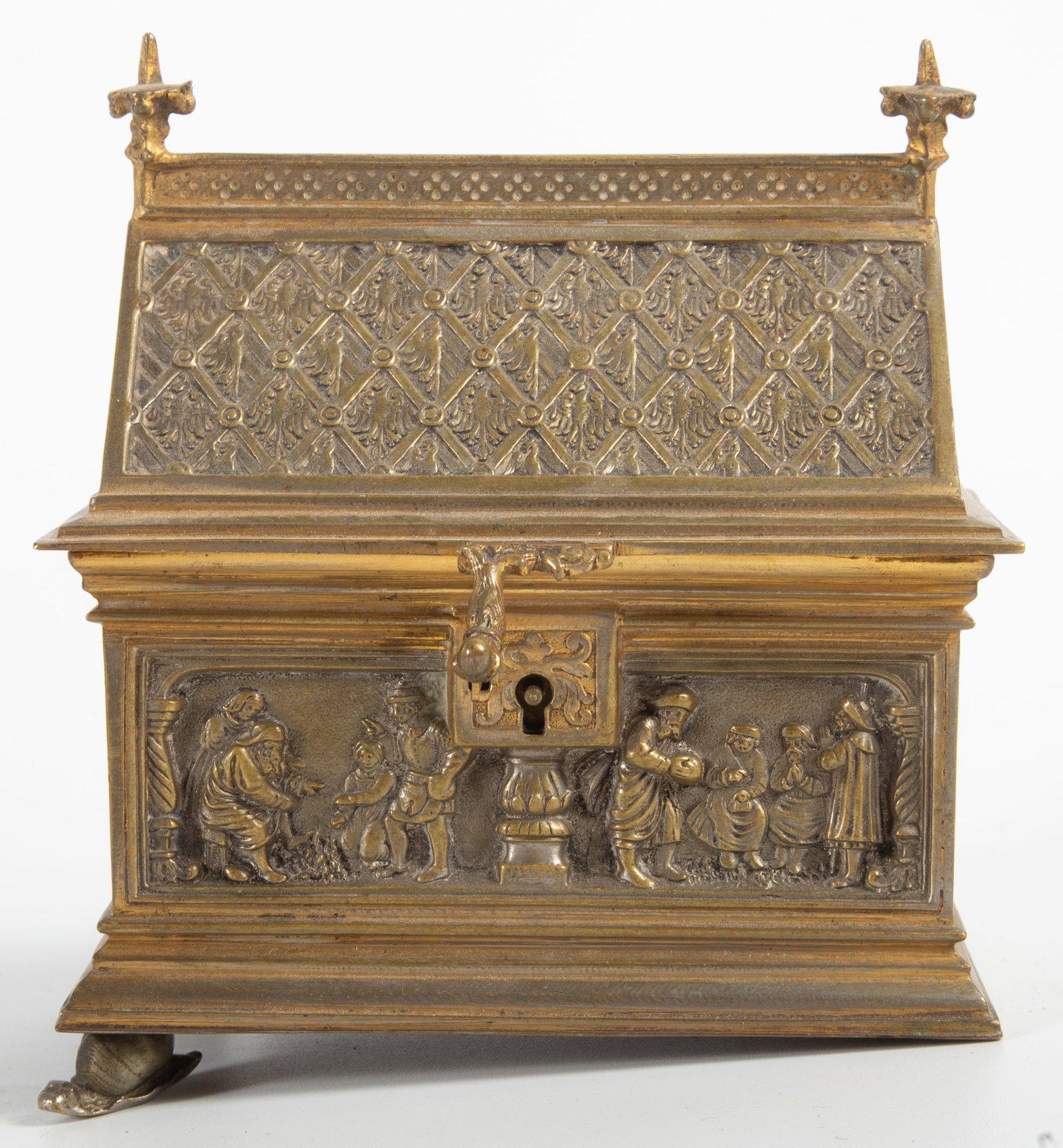 SMALL RUSSIAN BRASS ALMS BOX: Ornate Russian Orthodox brass box; missing two feet; no key; 5" x 4 1/2" x 2 1/2", F-G