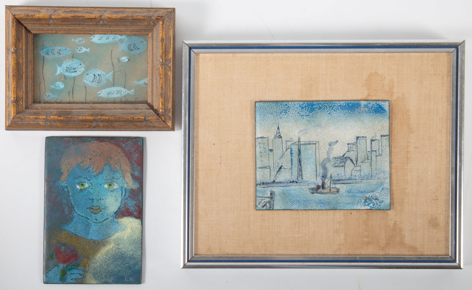 (3) ENAMEL ON COPPER PAINTED PLAQUES: (3) various Mid Century Modern plaques, two with signature; one frame is loose; largest: 8 1/2" x 10 1/2", EX