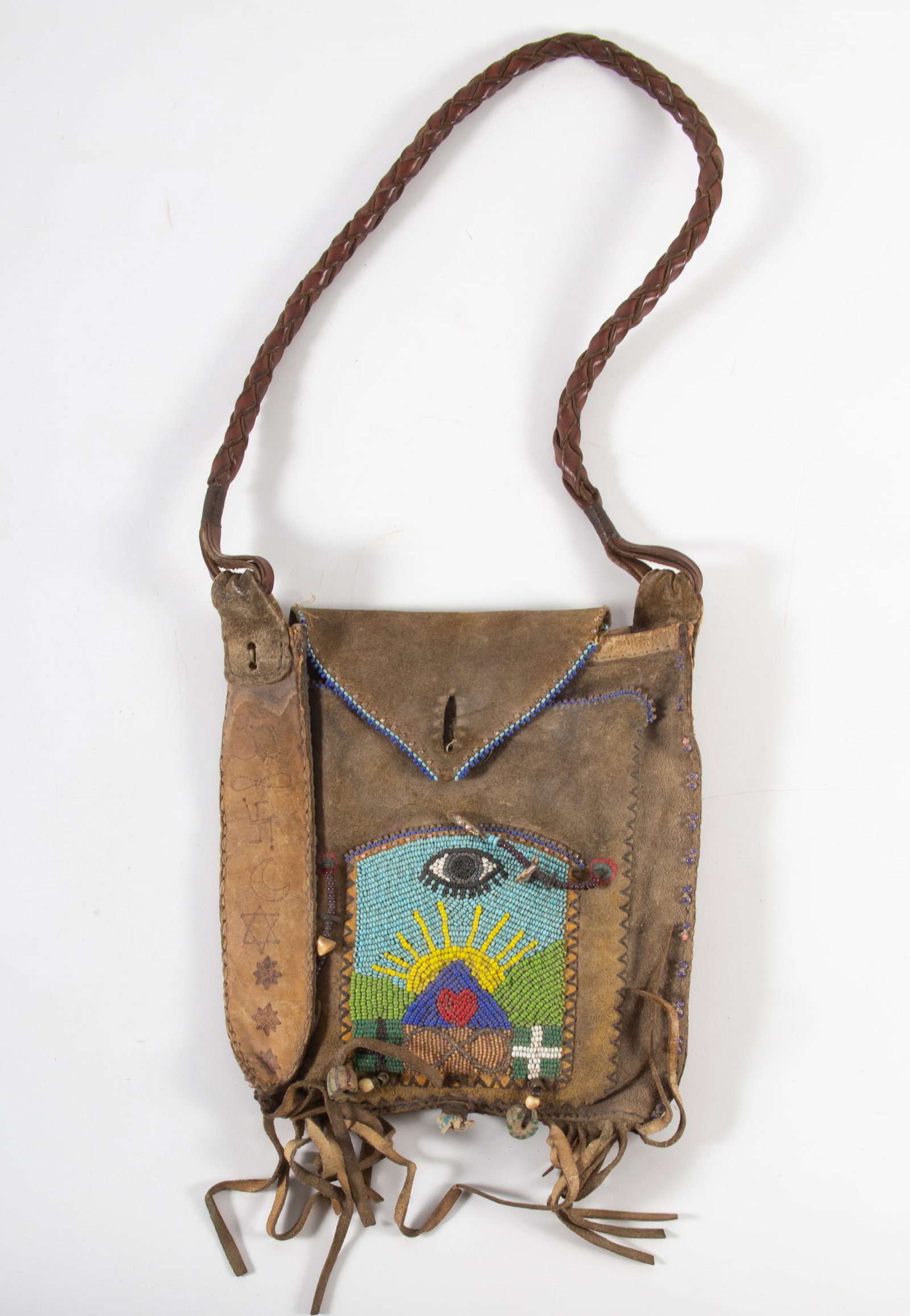 BEADED EYE SYMBOLS: Leather pouch with mystic symbols; normal wear; (with fringe) 11" x 8", VG-EX