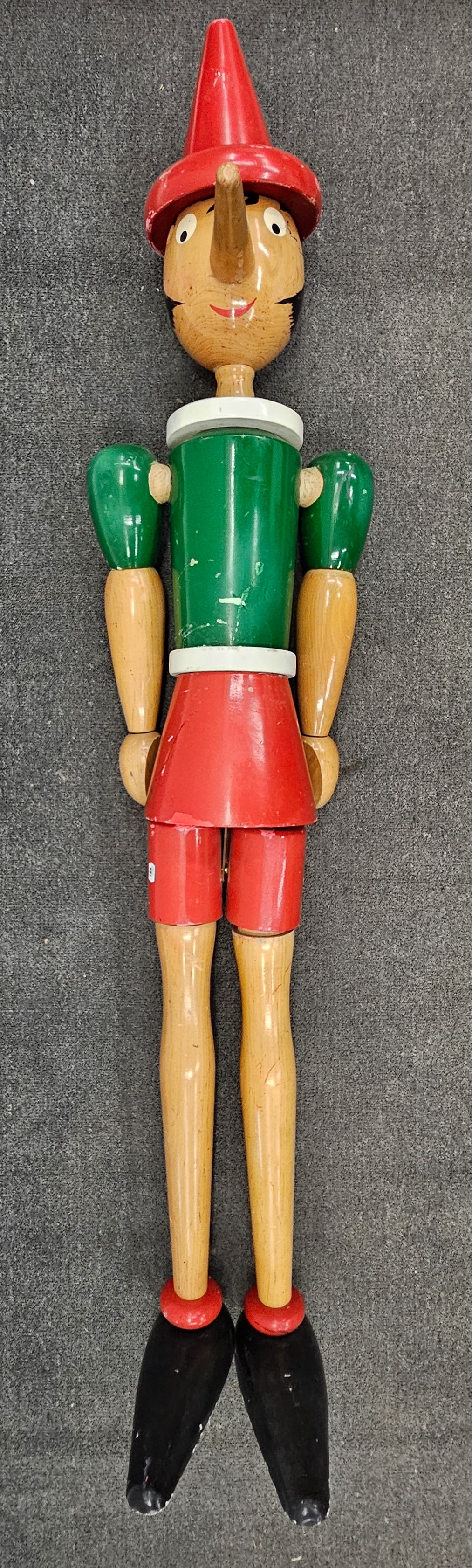 LARGE WOODEN ARTICULATED PINOCCHIO: Not strung completely, L-60", overall G