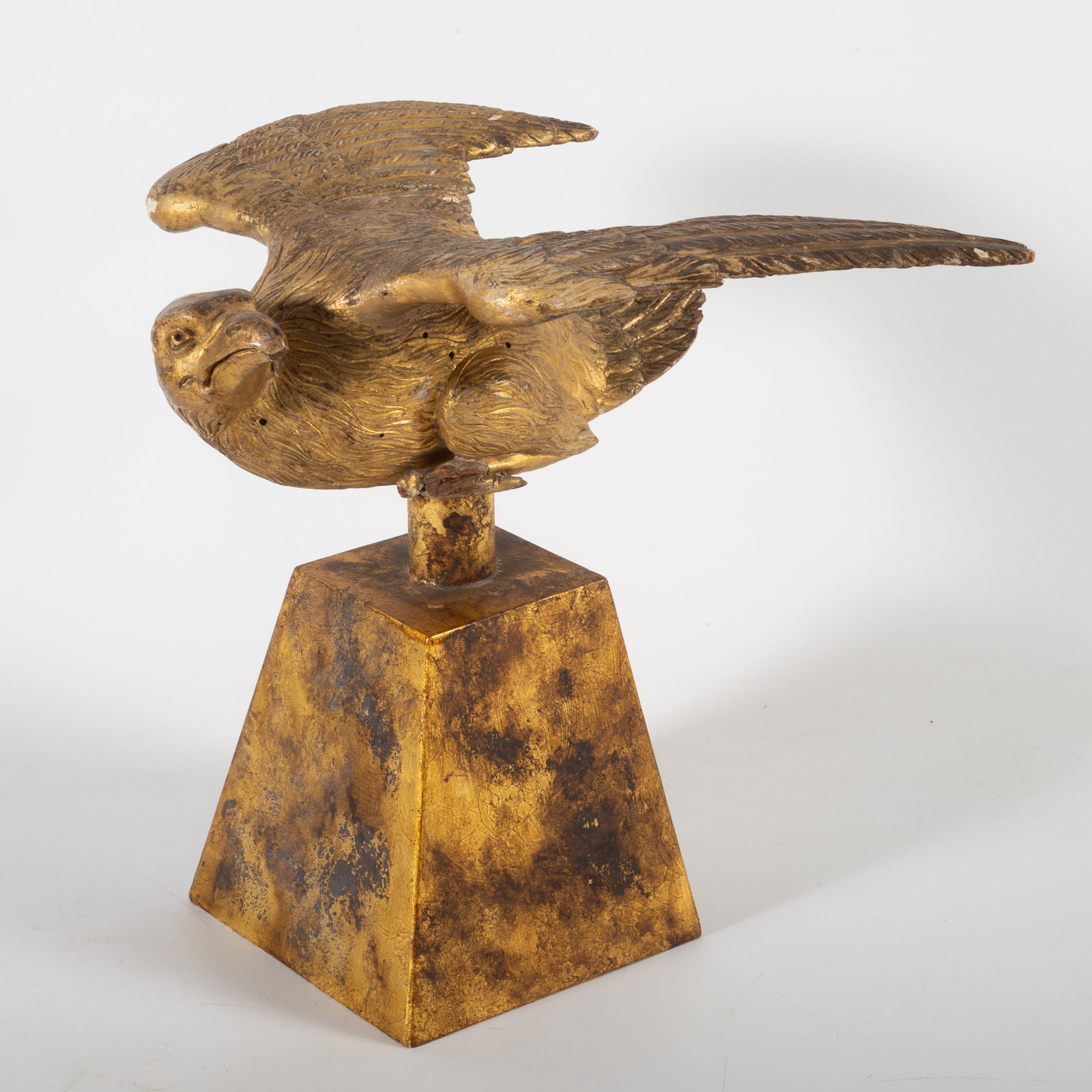 FEDERAL GILT WOOD EAGLE PEDIMENT: Early top for Federal cabinet; misc. wear; losses and restorations; eagle only: 9" x 10" x 6", G-VG