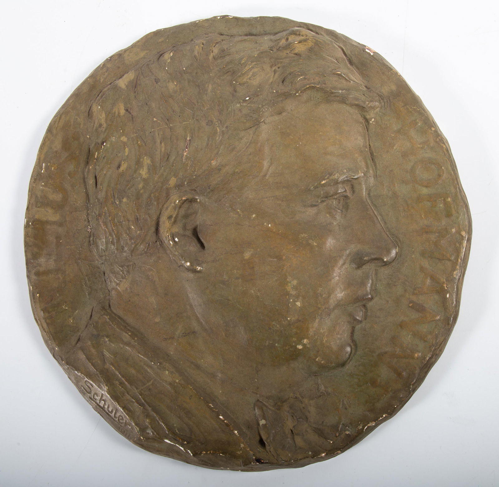 PLASTER RELIEF J. HOFFMAN by SCHULER: Anne Schuler 1911 plaster relief of Julius Hoffman; minor scrapes Dia.-12", VG