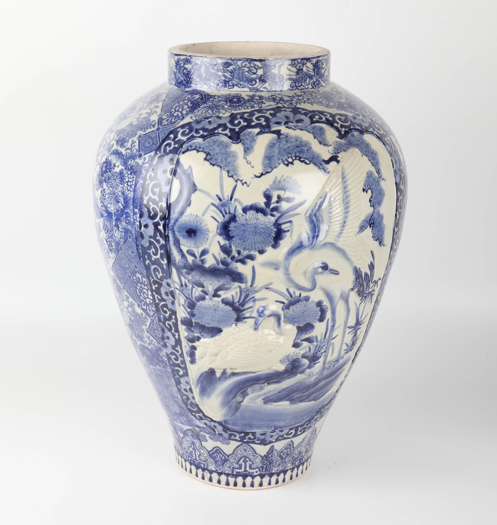 19 INCH JAPANESE BLUE & WHITE VASE: Age crack on base; minor pitting; additional minor issues; H-19", Dia.-12 1/2", G