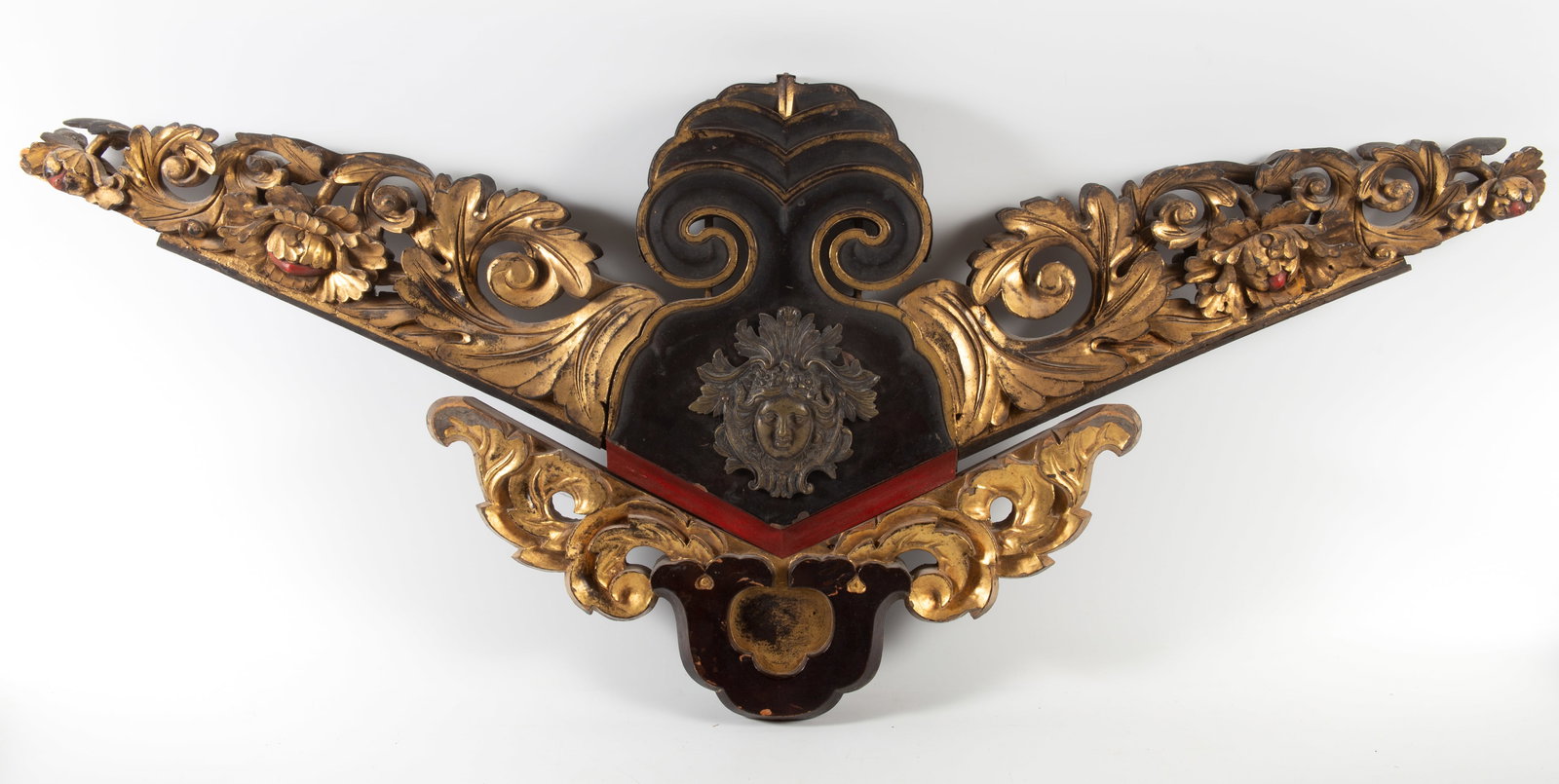 CHINESE CARVED GILT ORNAMENT: Asian carving with bronze face attached; normal wear; 41" x 18", VG-EX