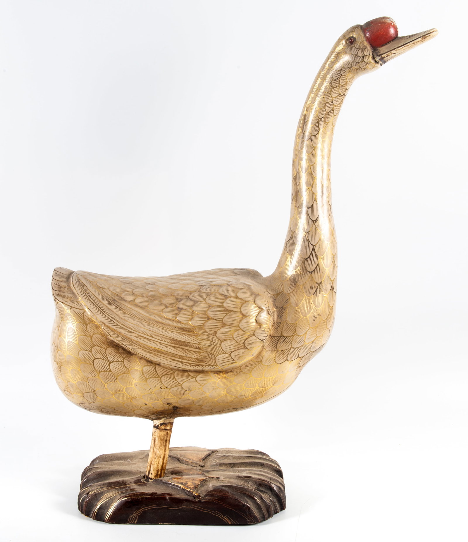 JAPANESE LACQUERED CARVING OF GOOSE: Wood carved with bone elements; shrink cracks underneath; normal signs of aging; H-25", L-17", VG-EX