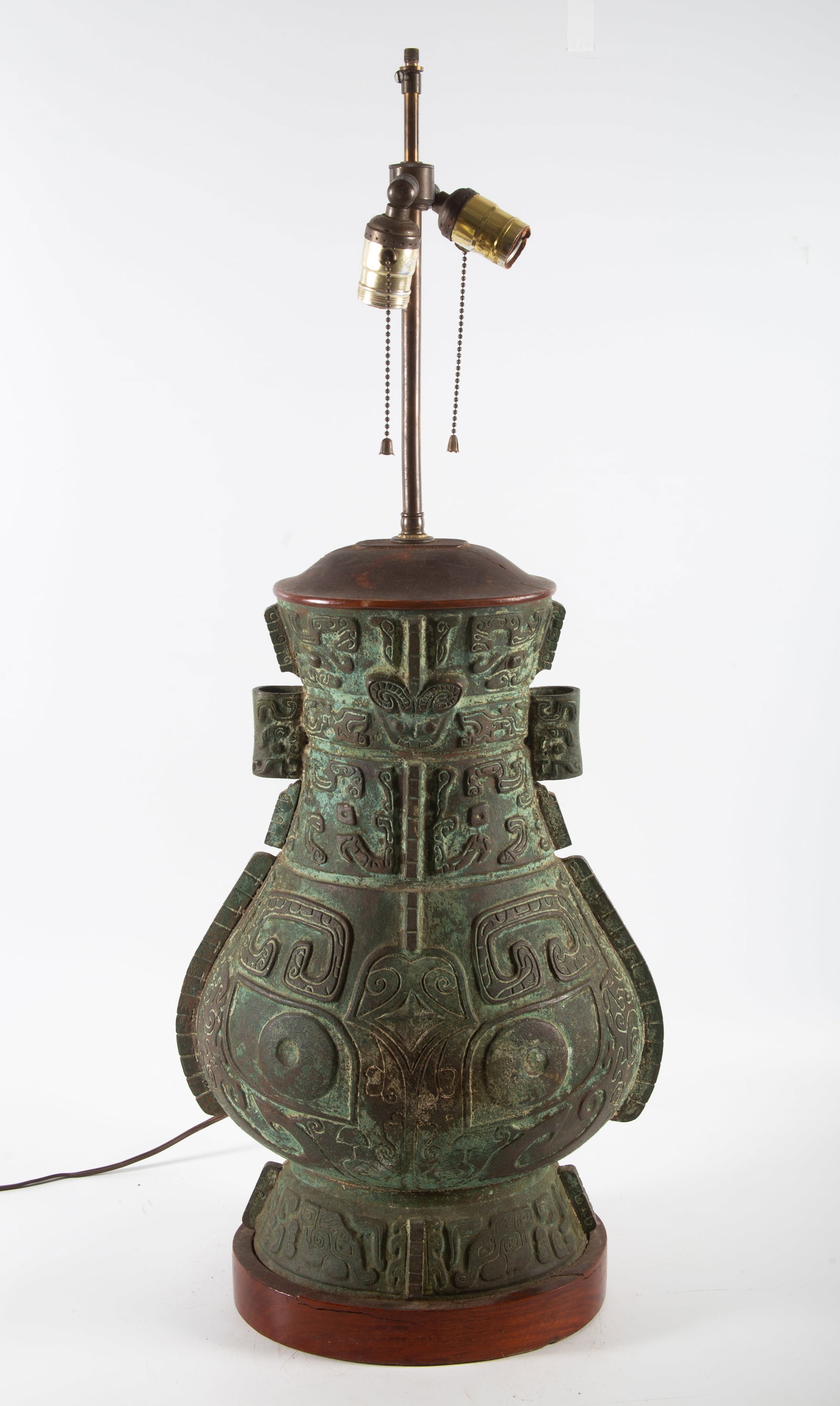 CHINESE BRONZE VASE CONVERTED TO LAMP: Filled with concrete; excellent but very heavy; vase: 21" tall; as lamp: 33" tall, EX