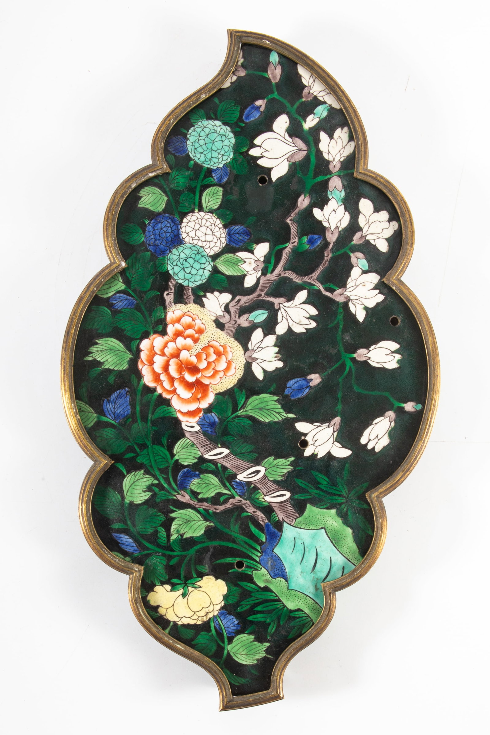 ASIAN ORMOLU FLORAL PORCELAIN BASE: Has holes, possibly for stone flowers; 15" x 9", EX