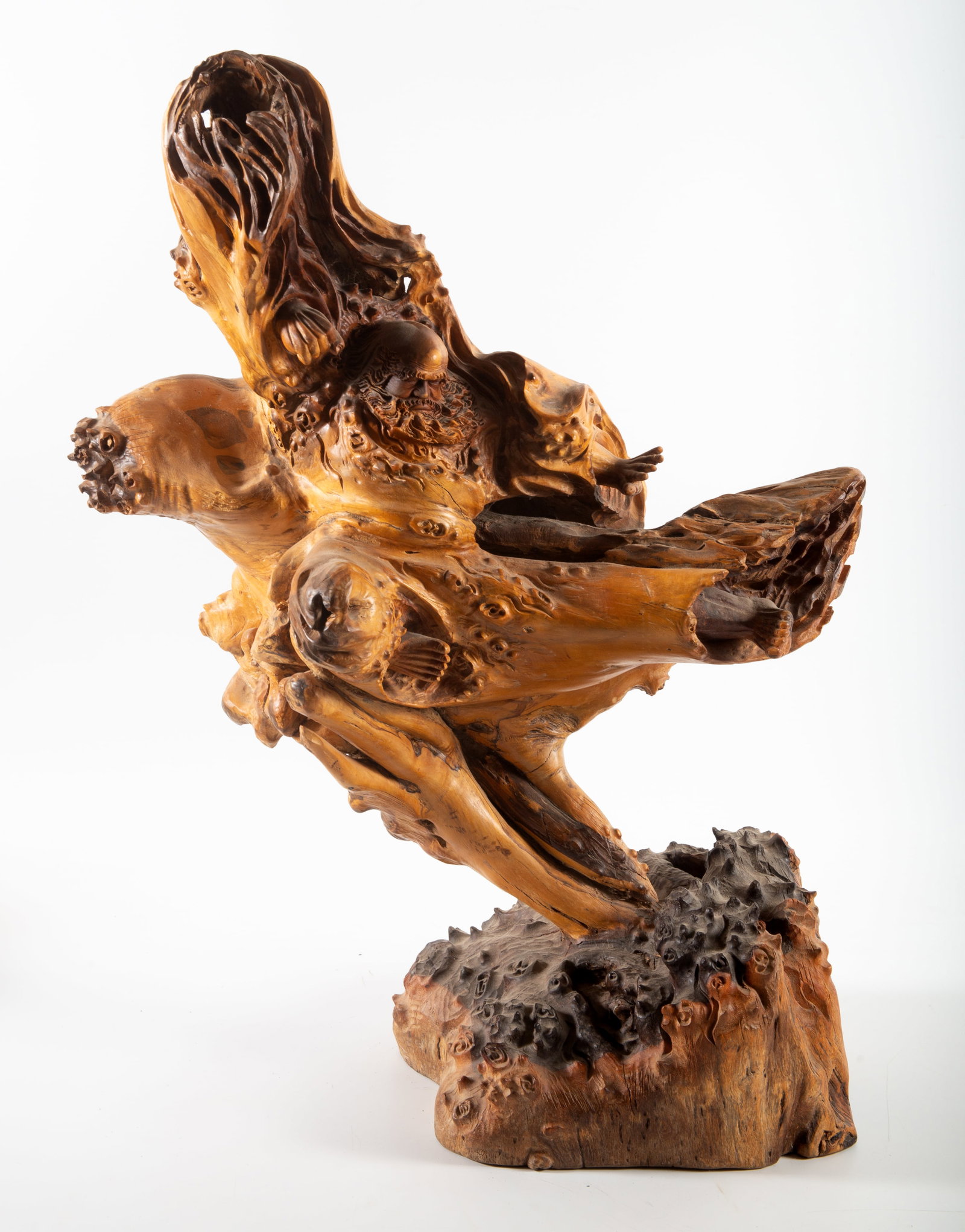 JAPANESE ROOT CARVING: Fighting warrior; no condition issues noted; 24" x 17" x 10", EX