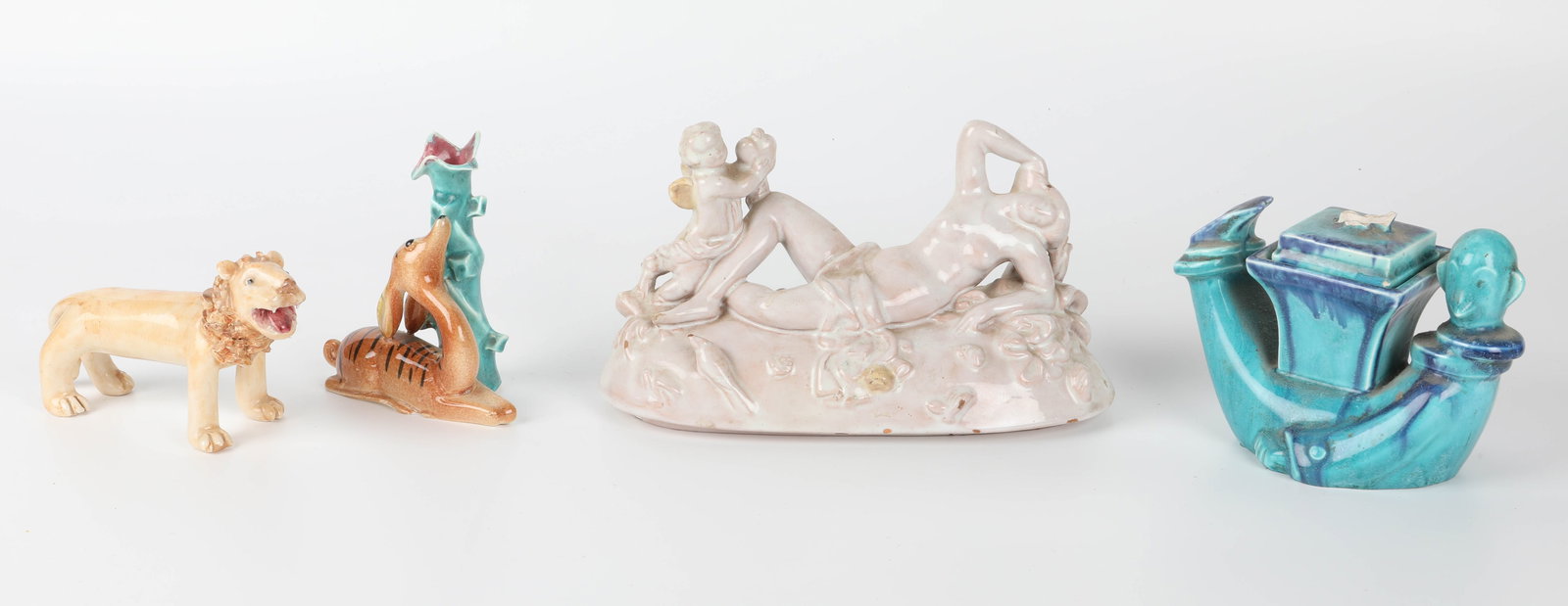 ASSORTED CERAMICS (4): Estate of Don Magner; Wiener Werkstatte, American, etc.; lid broken on covered piece; cherub wings restored; longest 7", F-EX