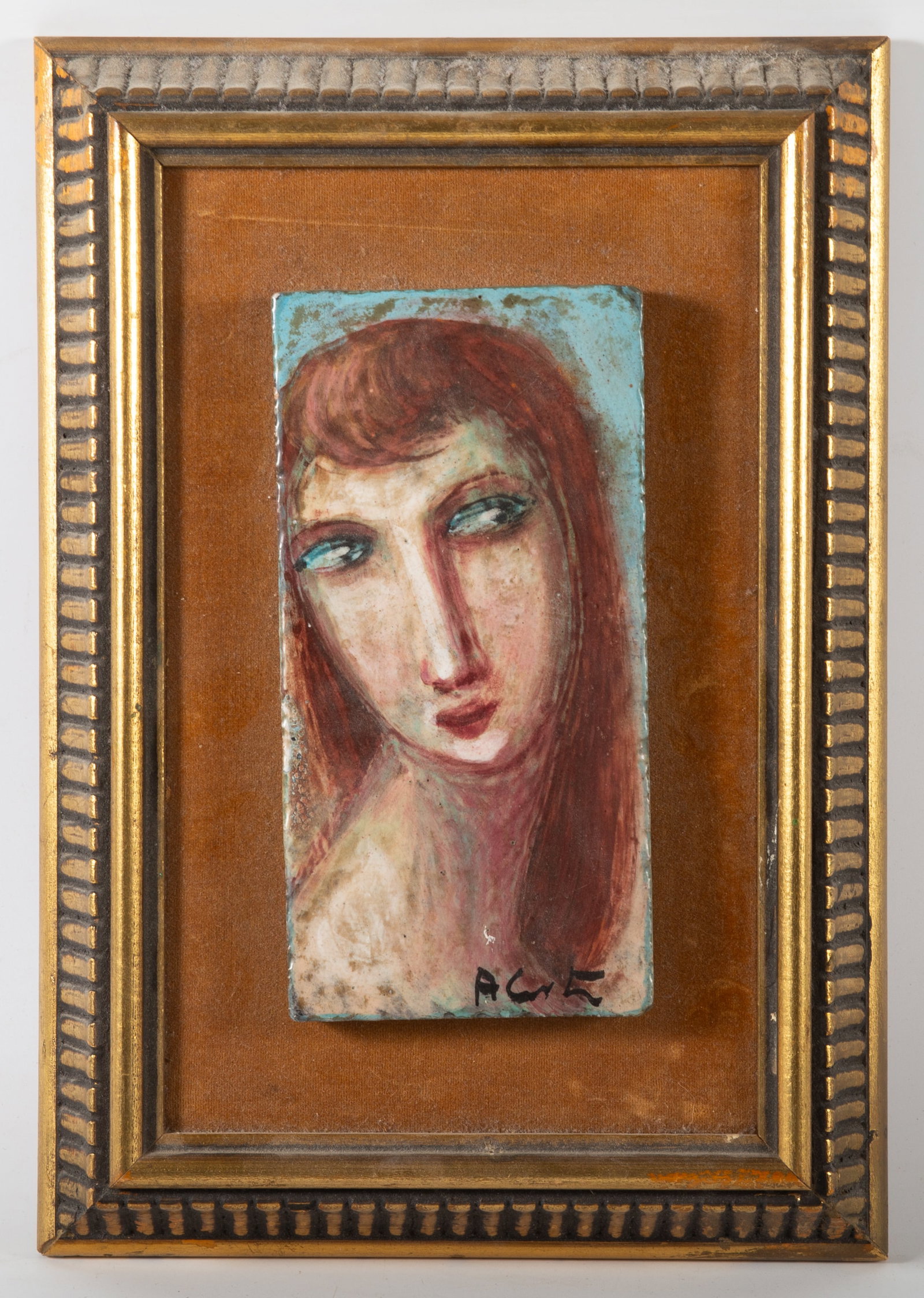 MID CENTURY MODERN HAND PAINTED TILE: Art plaque, signed, glued to frame; no condition issues noted; image: 8" x 4"; frame: 13 1/2" x 9 1/2", EX