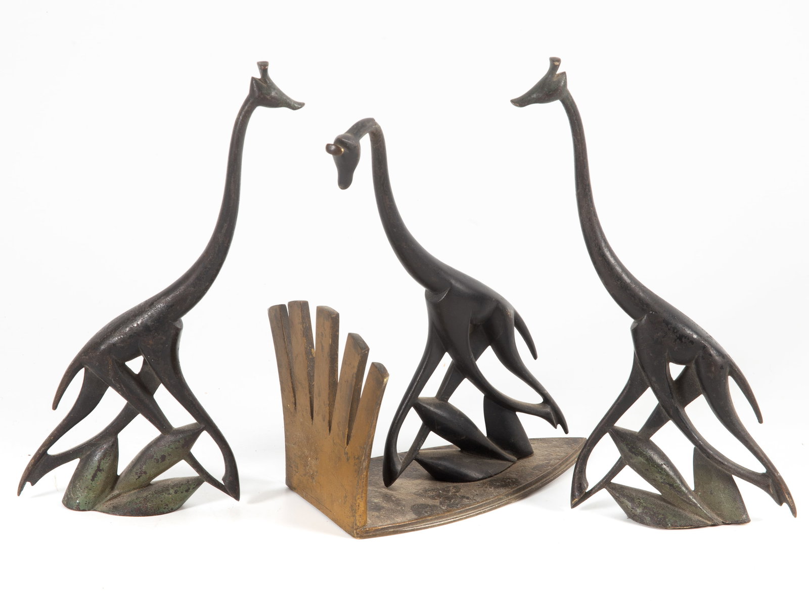 (3) HAGENAUER GIRAFFES: (1) giraffe is broken; giraffe on stand is broken; for parts; H-8", F