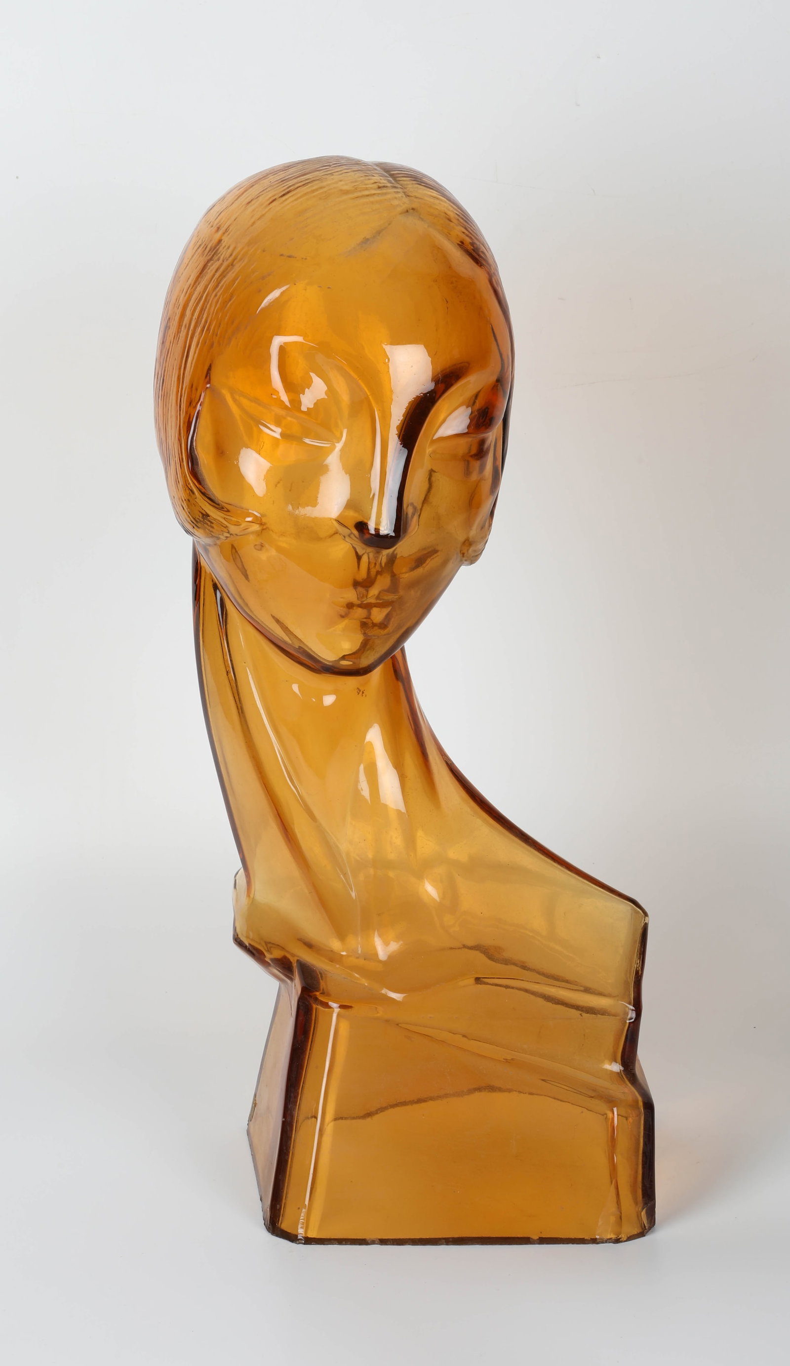 FRENCH ART DECO GLASS MANNEQUIN HEAD: Estate of Don Magner; cracks, right side base, rear base; H-18", F