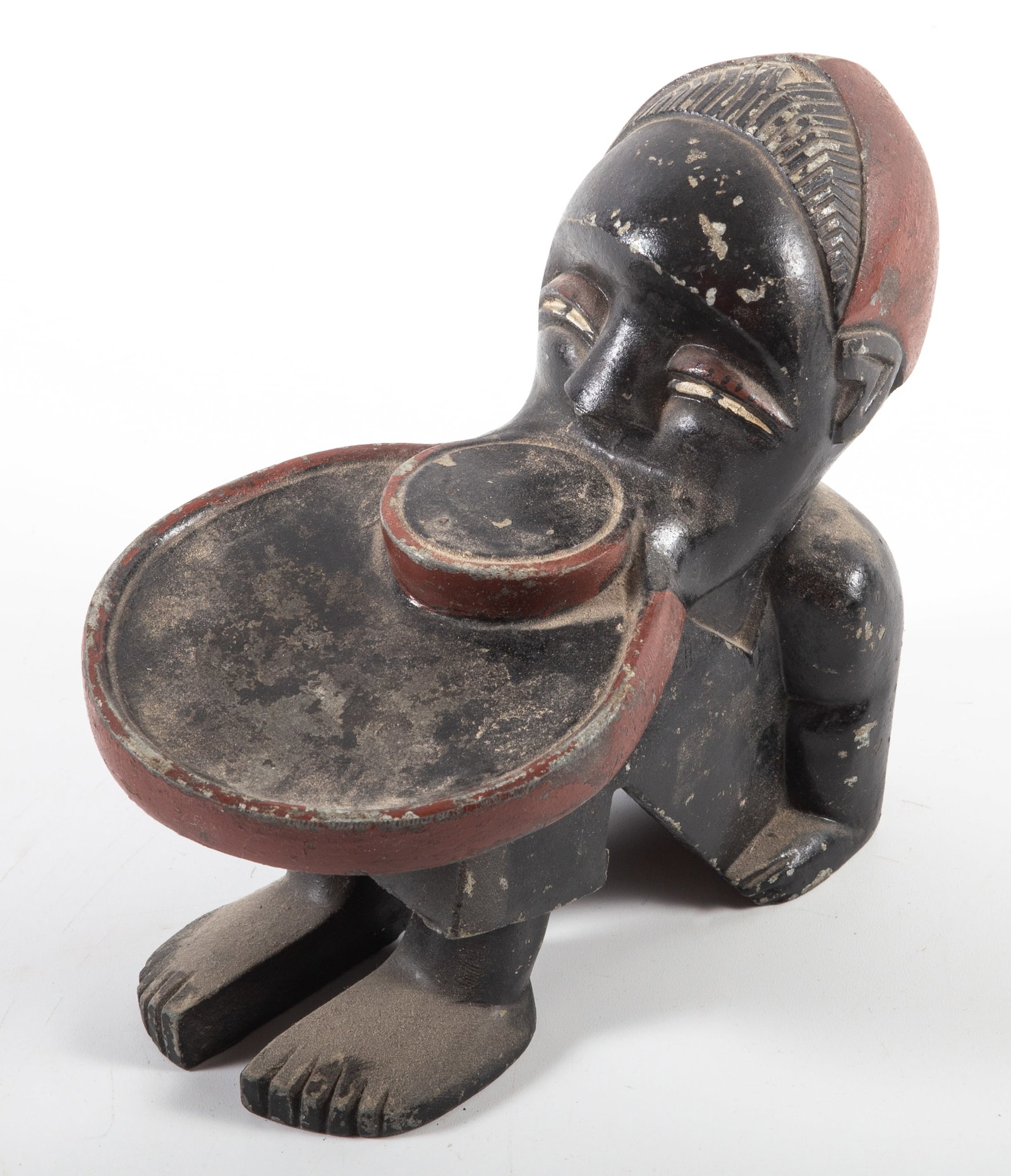 SECESSIONIST FIGURAL CARD HOLDER: Estate of Don Magner, painted white metal; probably Austrian; paint loss; dent back right head; 6" x 5 1/2", F-G