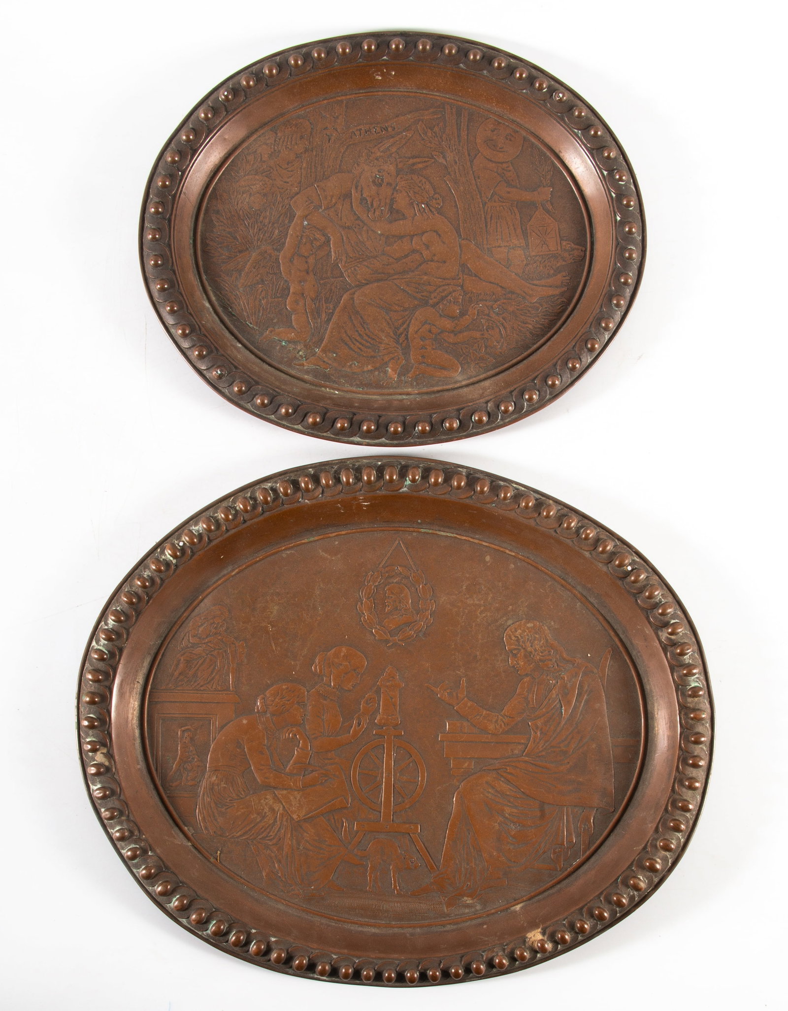 PAGAN HAMMERED COPPER PLATTERS: Possible witchcraft / paganistic motifs; minor holes and dents to beading; 13 1/2"x 16 1/2"; 13" x 10 3/4", VG-EX