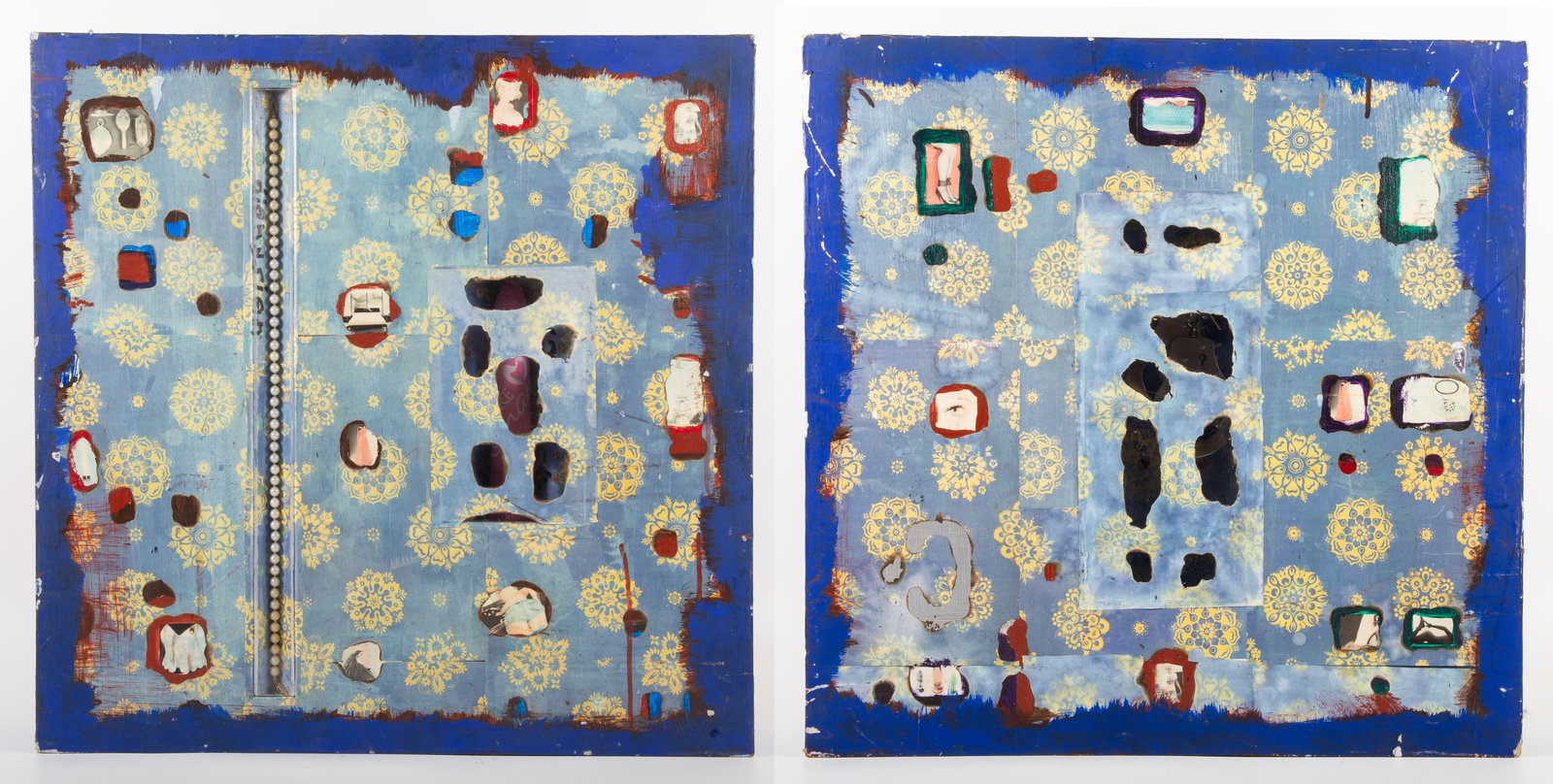 PAIR OF SIGNED BOXED IKE UDE MIXED MEDIA COLLAGE: Boxed three dimensional composition with shadow boxed handcuffs, etc.; misc. scuffs and scratches; signs of handling; 22" x 23" x 4", G-VG