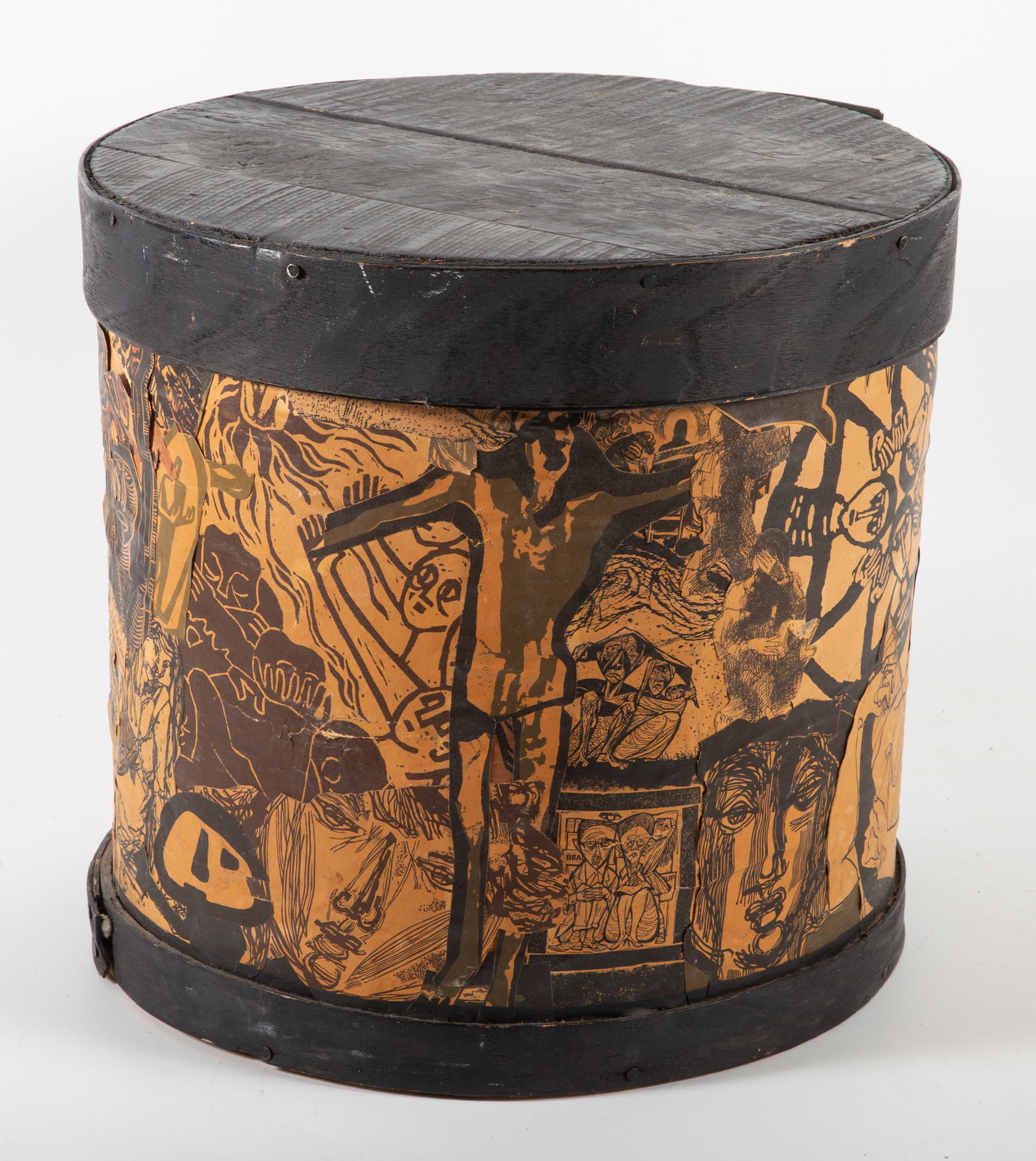 EXPRESSIONIST DECOUPAGED CHEESE BOX: Estate of Don Magner, Brooklyn NY; miscellaneous sigins of handling, H-11"; Dia.-11 1/2"